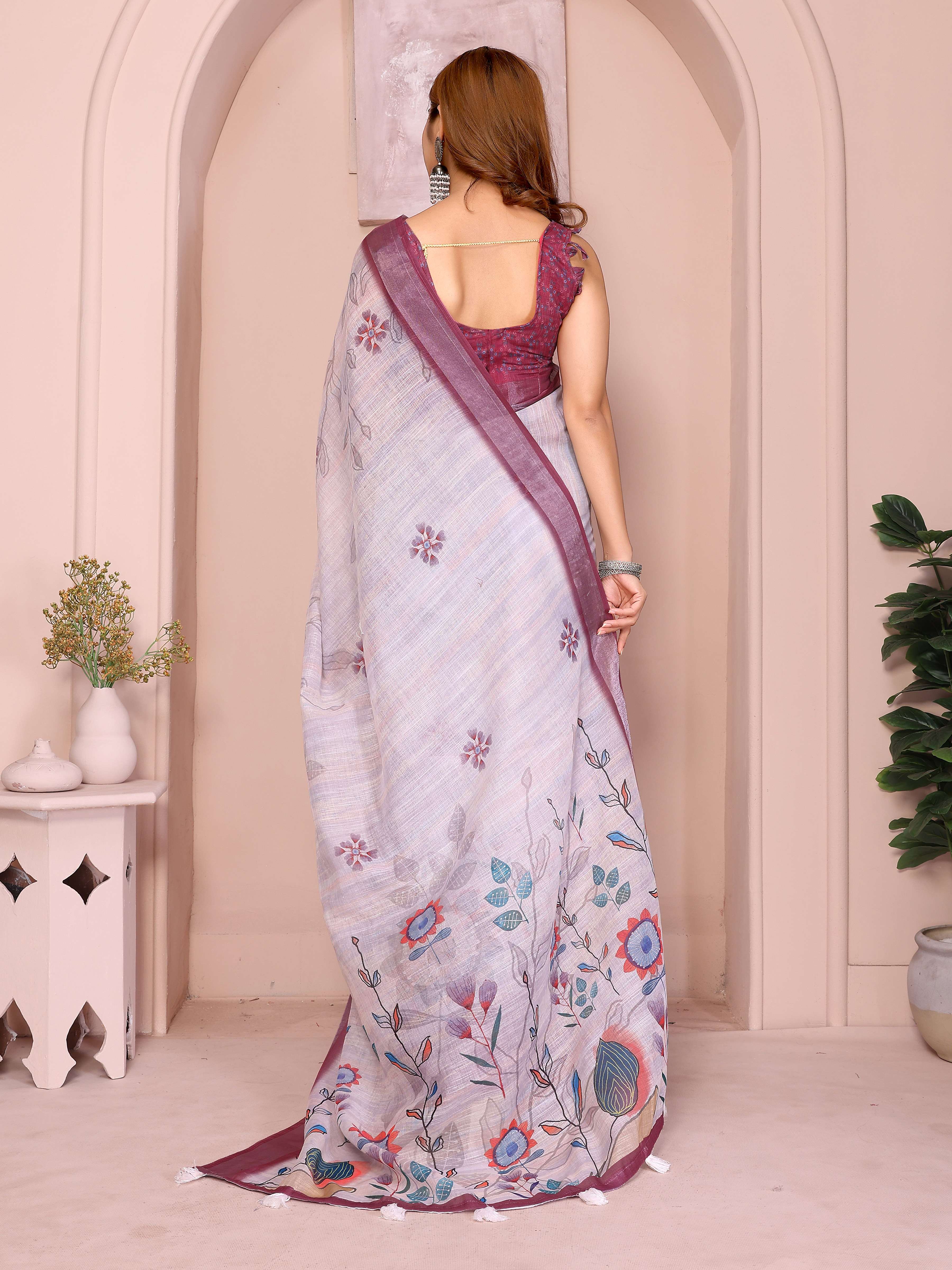 Elegant Linen Cotton Saree – Pastel Lavender with Multicolor Floral Motifs & Wine-Purple Border