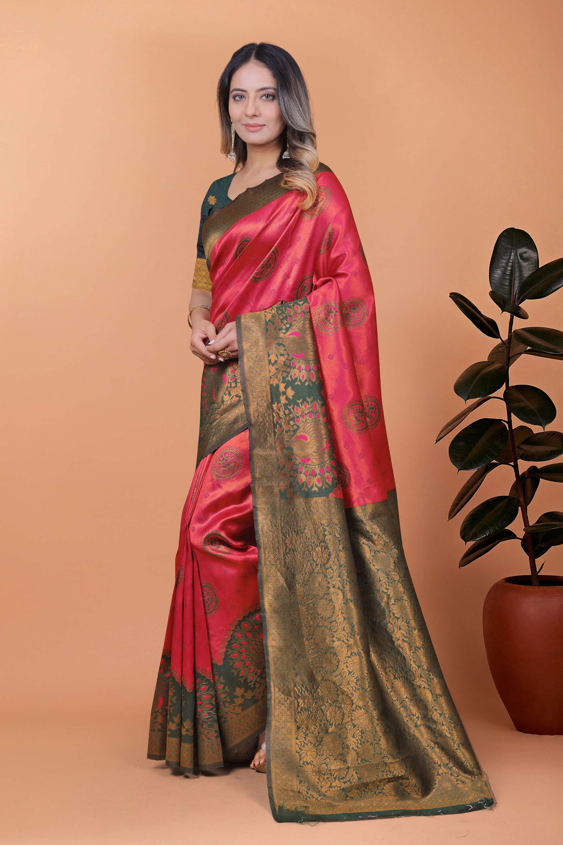 Royal Grace Banarasi Silk Saree with Floral & Peacock Zari Motifs – Deep Rose Pink & Antique Gold with Green Border