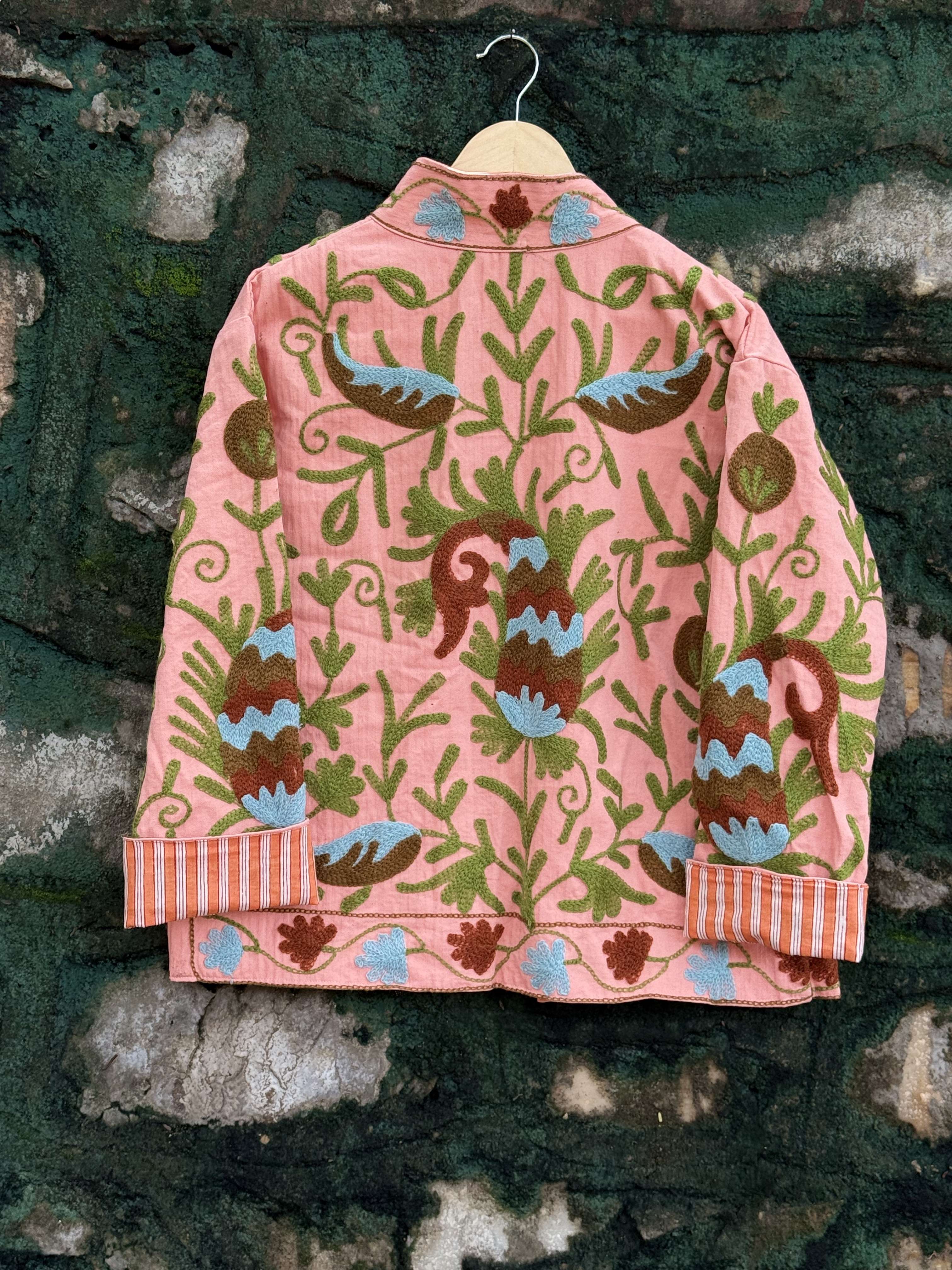 Womens Light Pink Velvet Embroidered Jacket with Floral Design