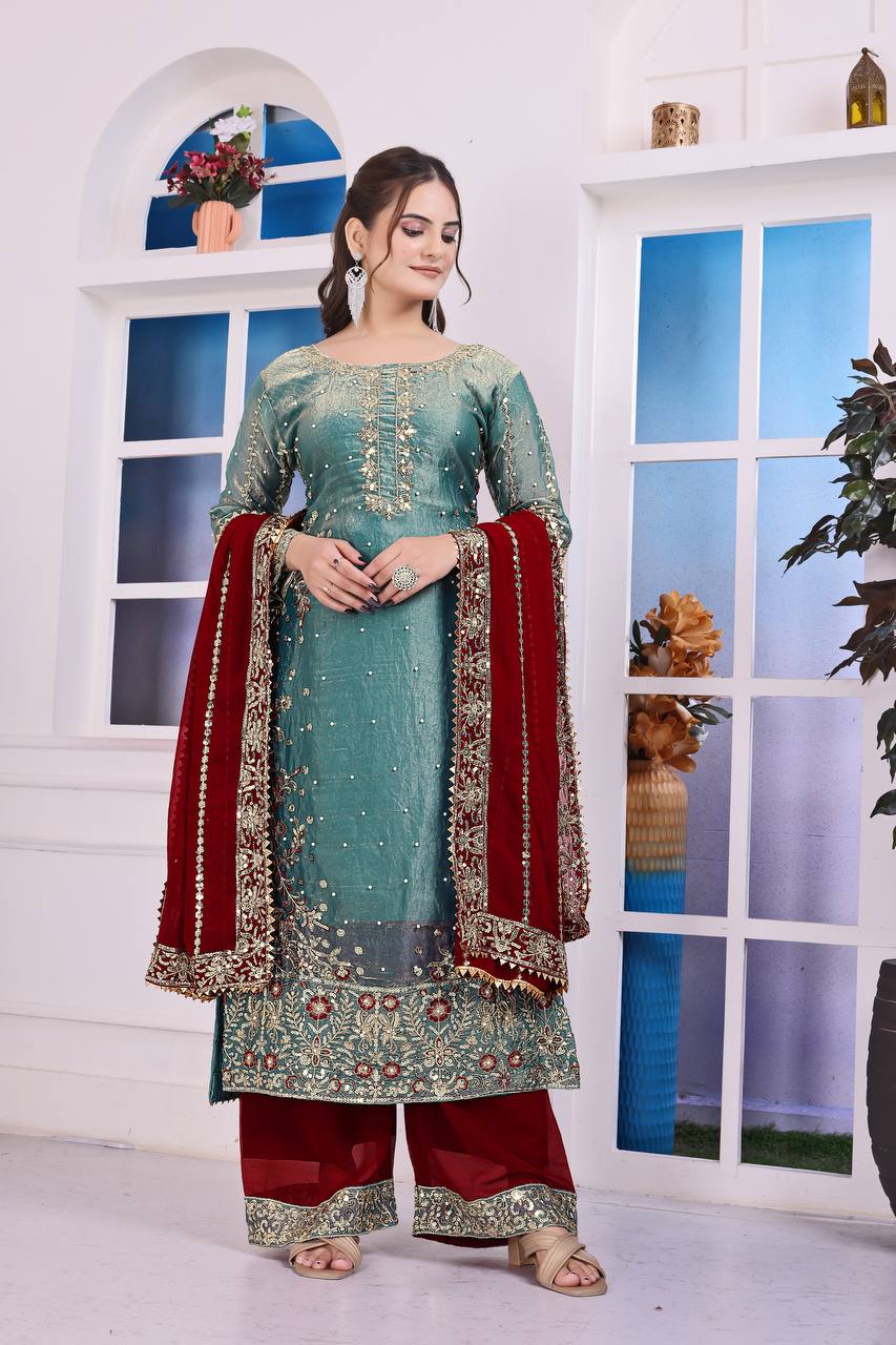 Beautiful Embroidery silk kurta palazzo sset