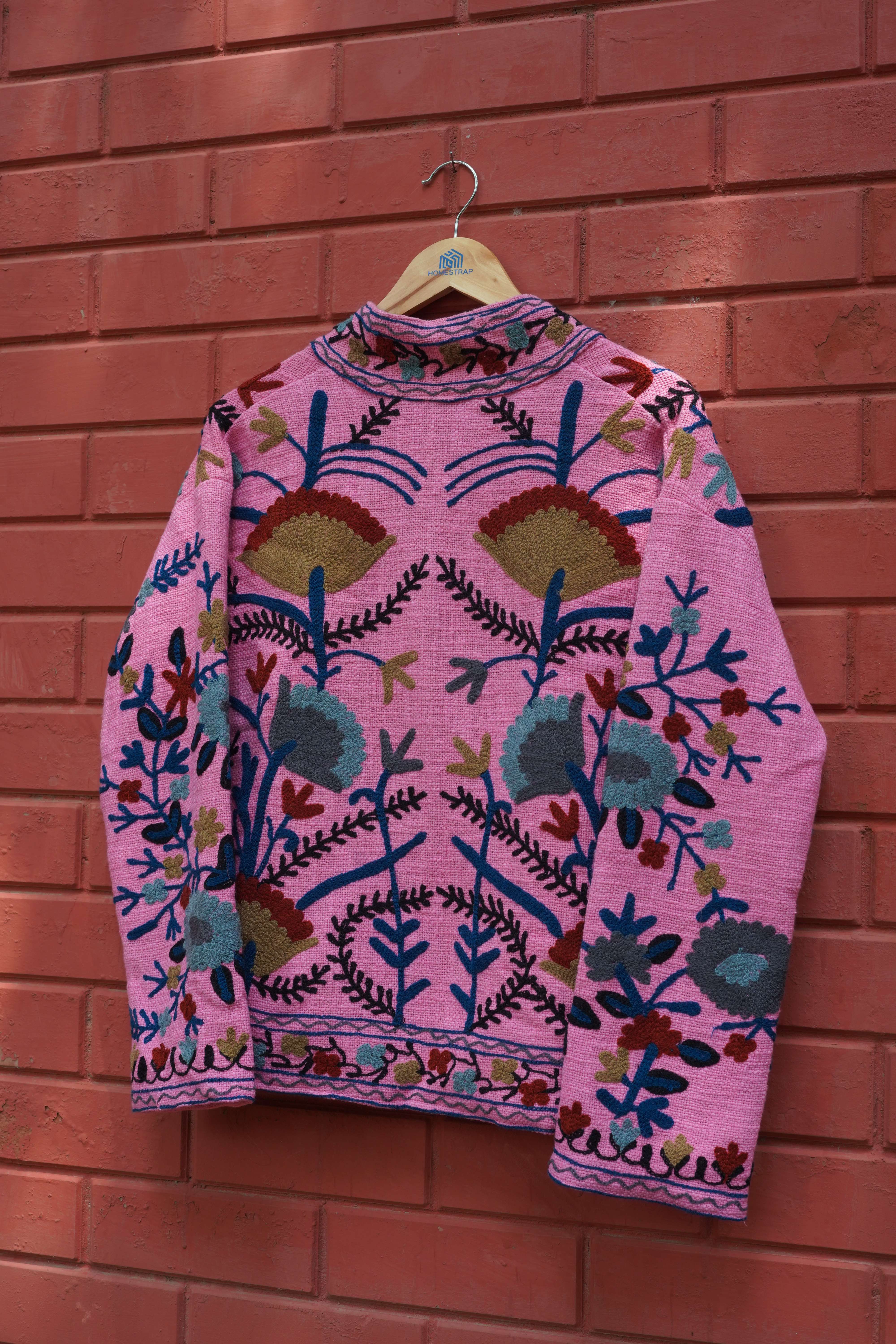 Womens Pink Velvet Embroidered Jacket with Floral Design