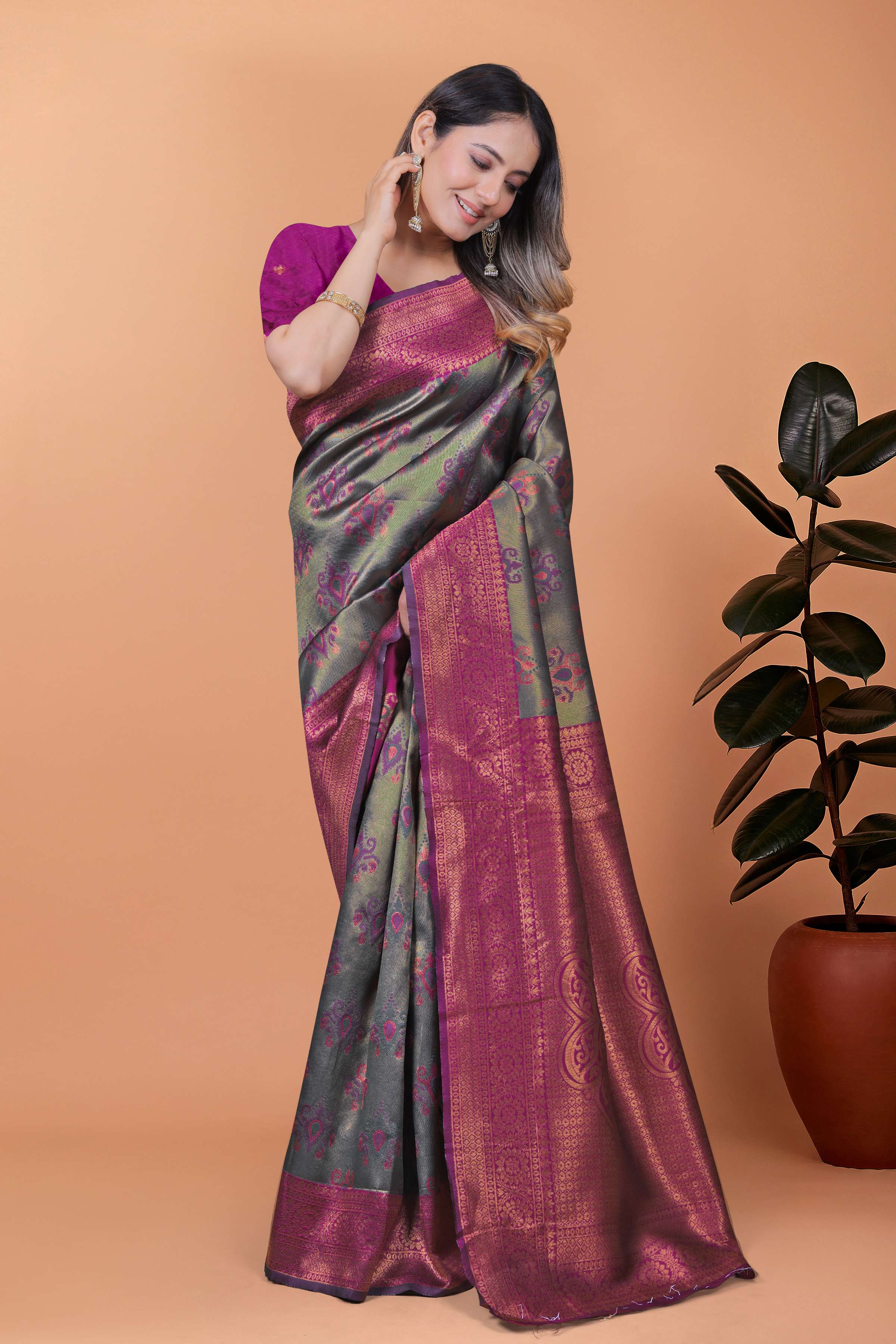 Royal Radiance Deep Olive Green & Magenta Banarasi Silk Saree with Zari Work | Wedding, Puja & Festive Occasion Wear