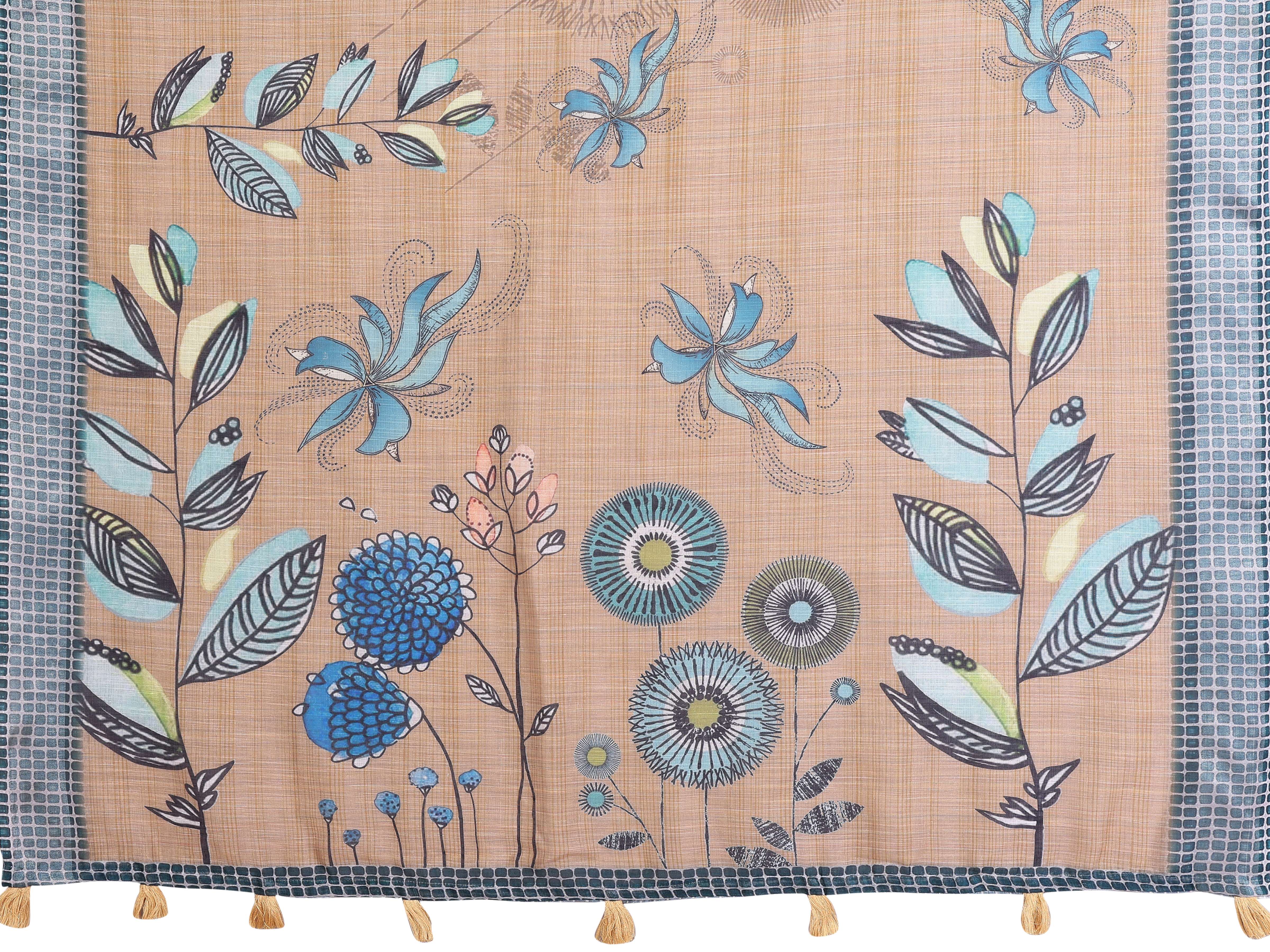 Elegant Linen Cotton Saree – Beige Base with Blue Floral Accents & Checkered Border