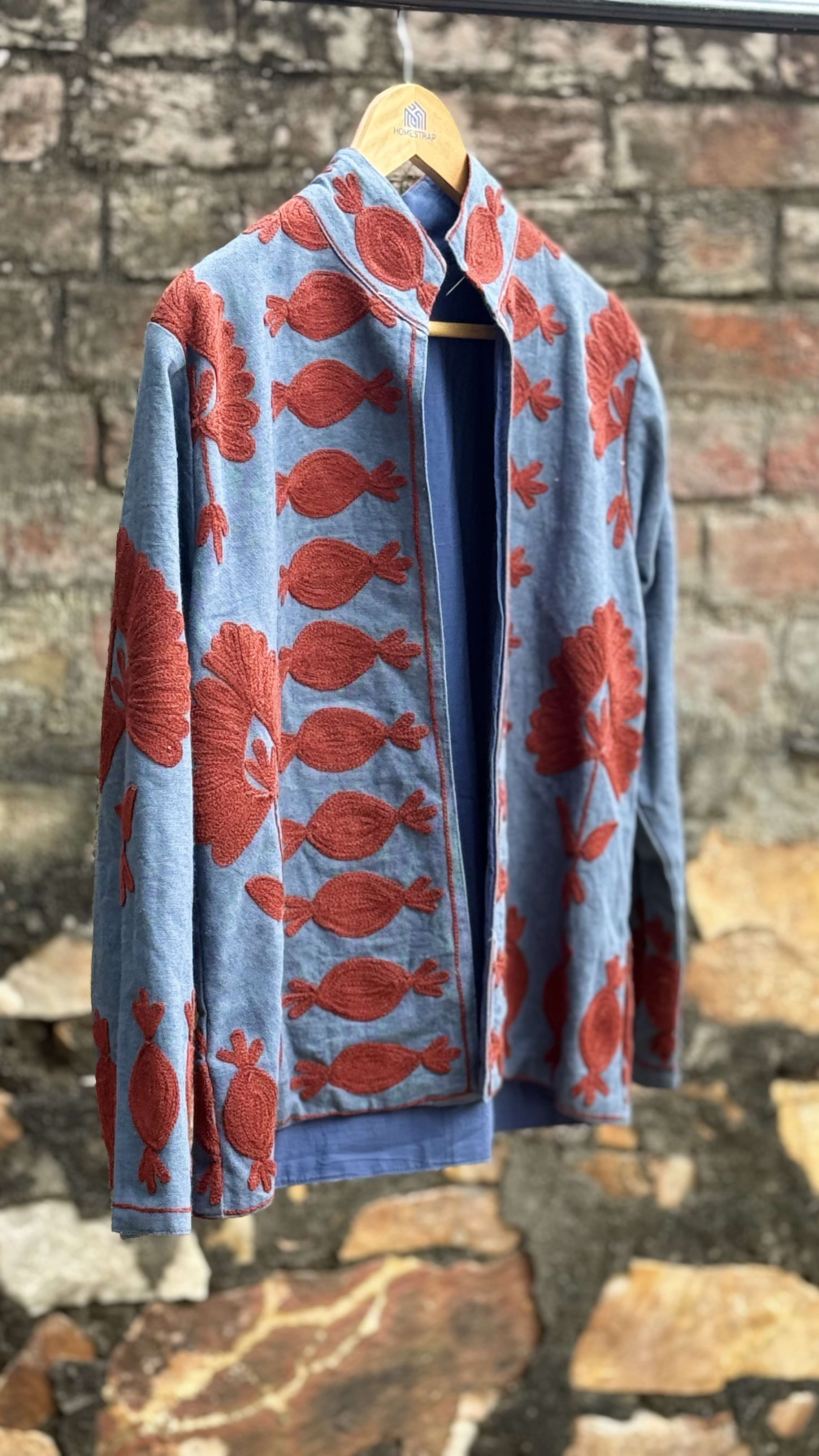 Womens Light Blue Velvet Embroidered Jacket with Floral Design