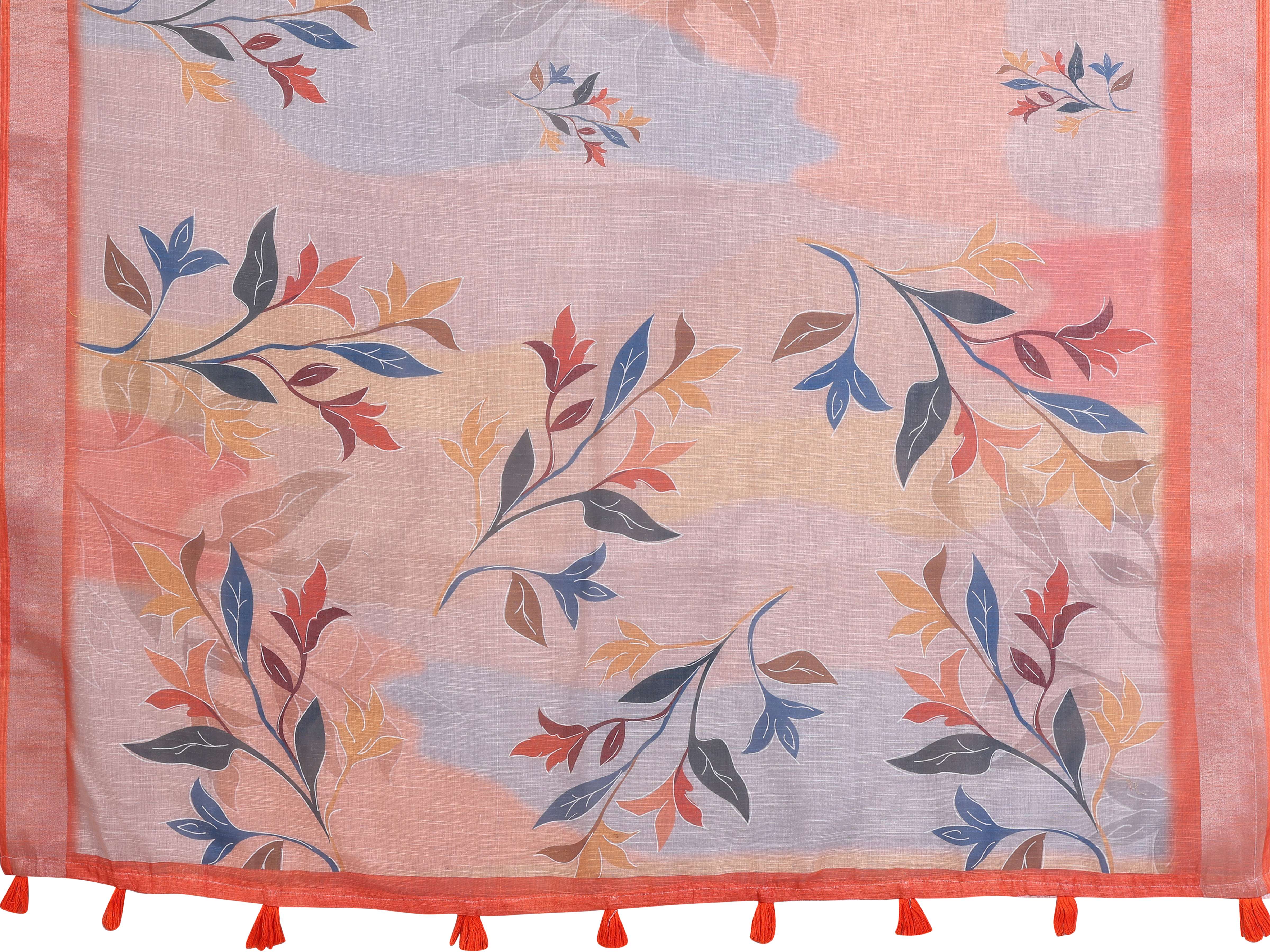 Elegant Linen Cotton Saree – Pastel Grey with Coral Leaf Motifs & Tassel Border