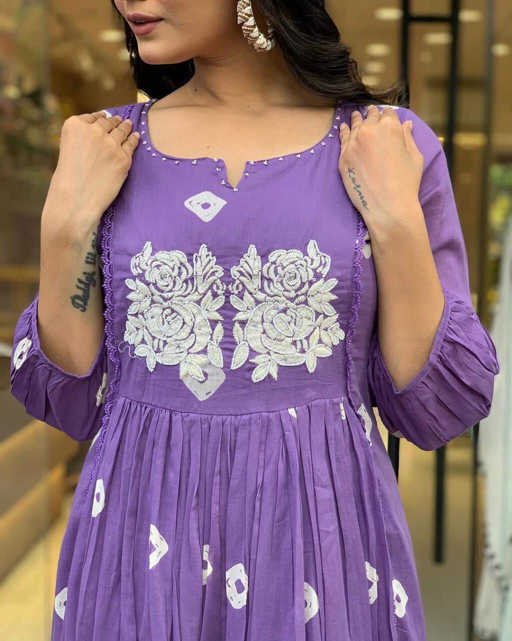 Bandhani Printed Thread Work Puffed Sleeves A-Line Kurta With Trousers