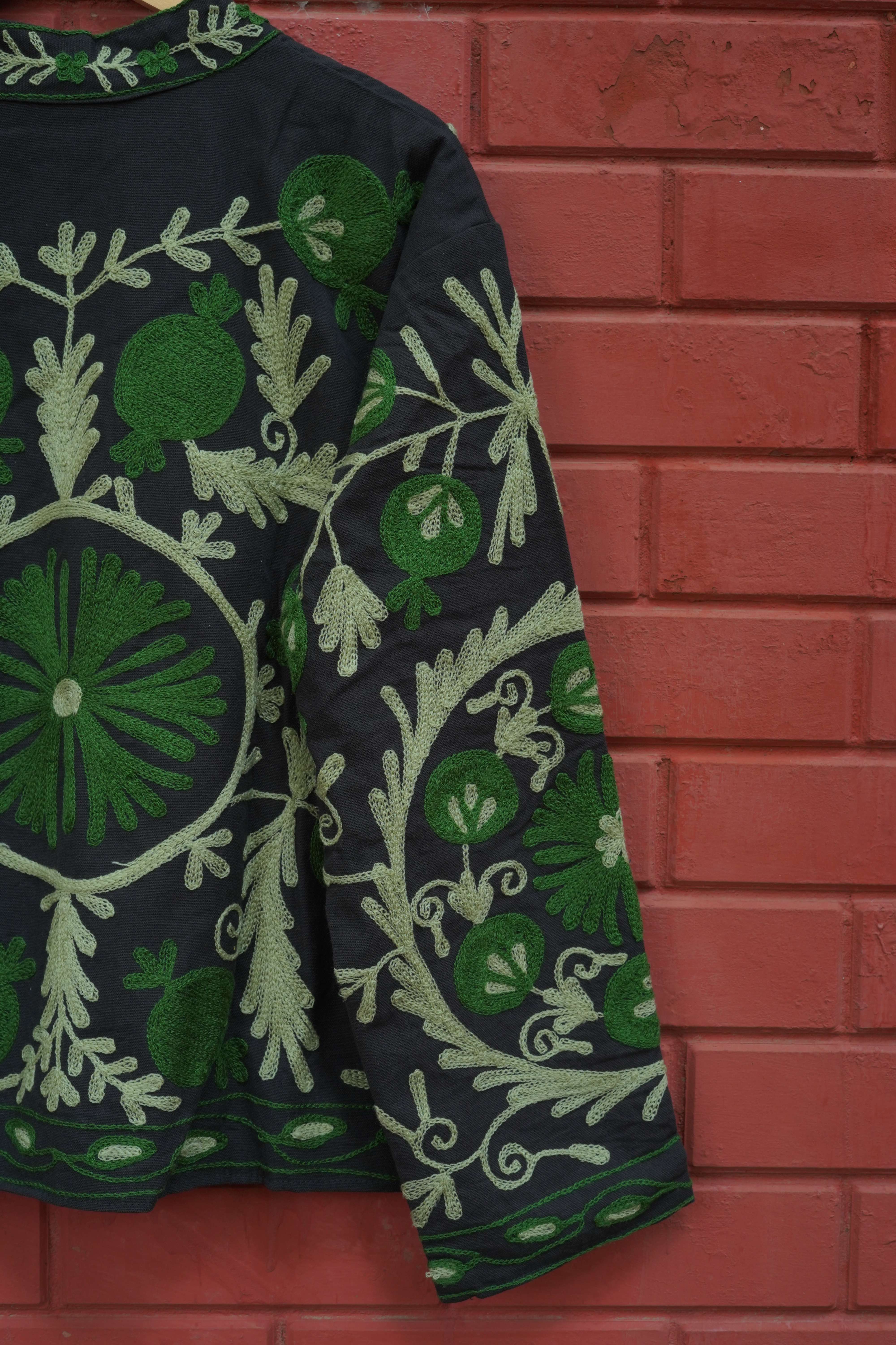 Womens Black Velvet Embroidered Jacket with Floral Design