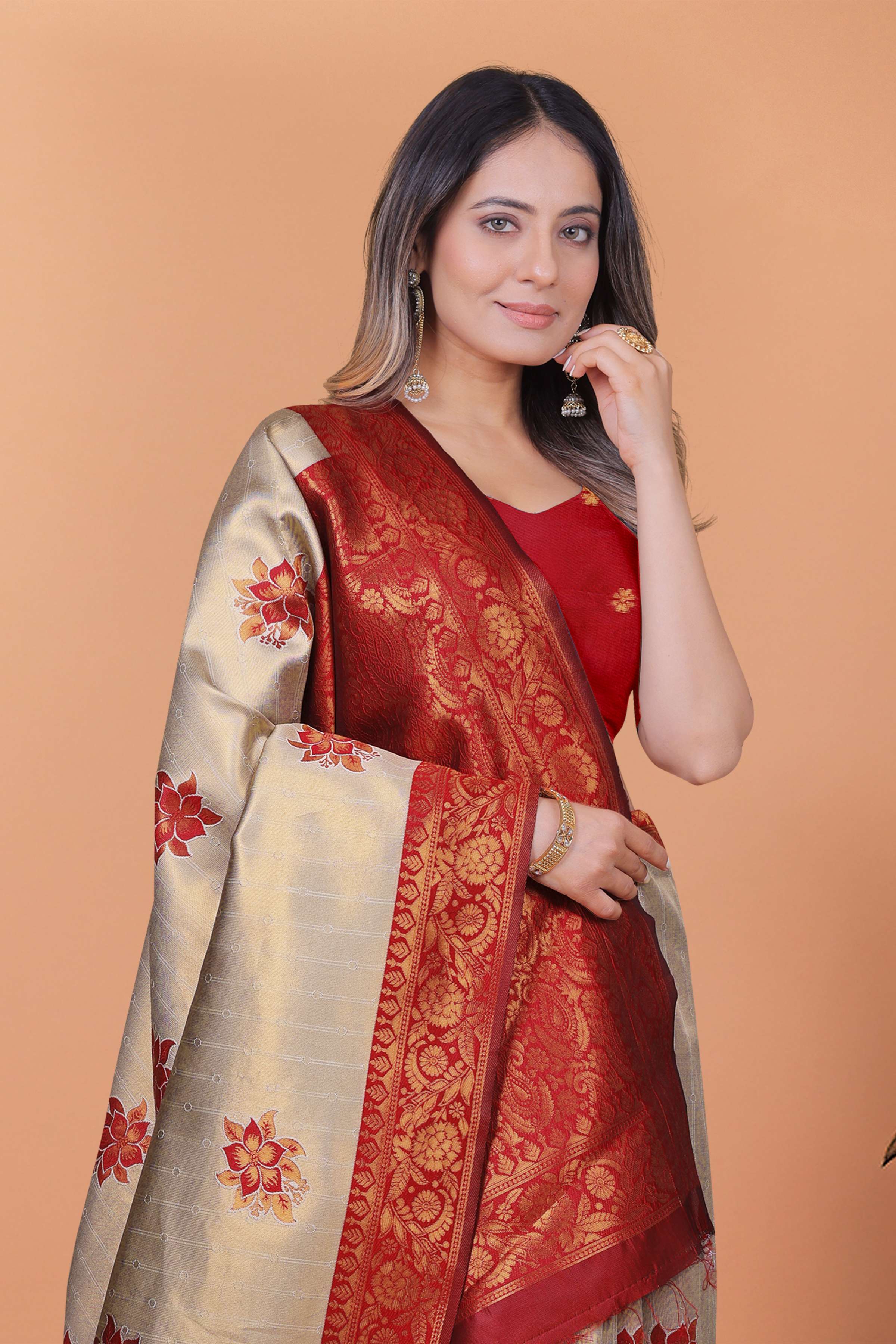 Royal Radiance Antique Gold & Maroon Banarasi Silk Saree with Zari Work | Wedding, Puja & Festive Occasion Wear