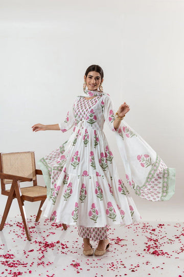 Women's  Hand block printed cotton anarkali kurta pant with dupatta sets