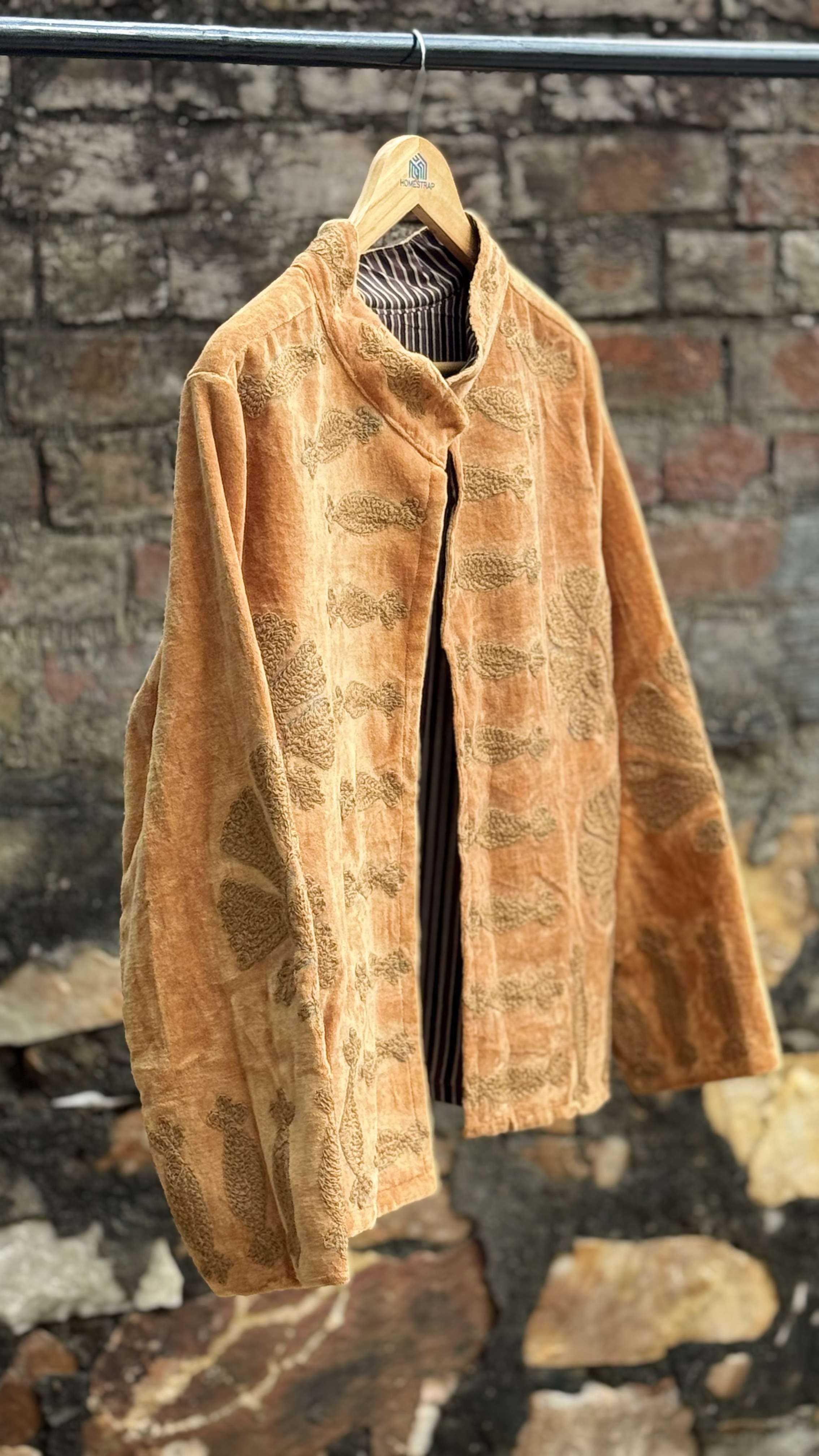 Womens Gold Velvet Embroidered Jacket with Floral Design