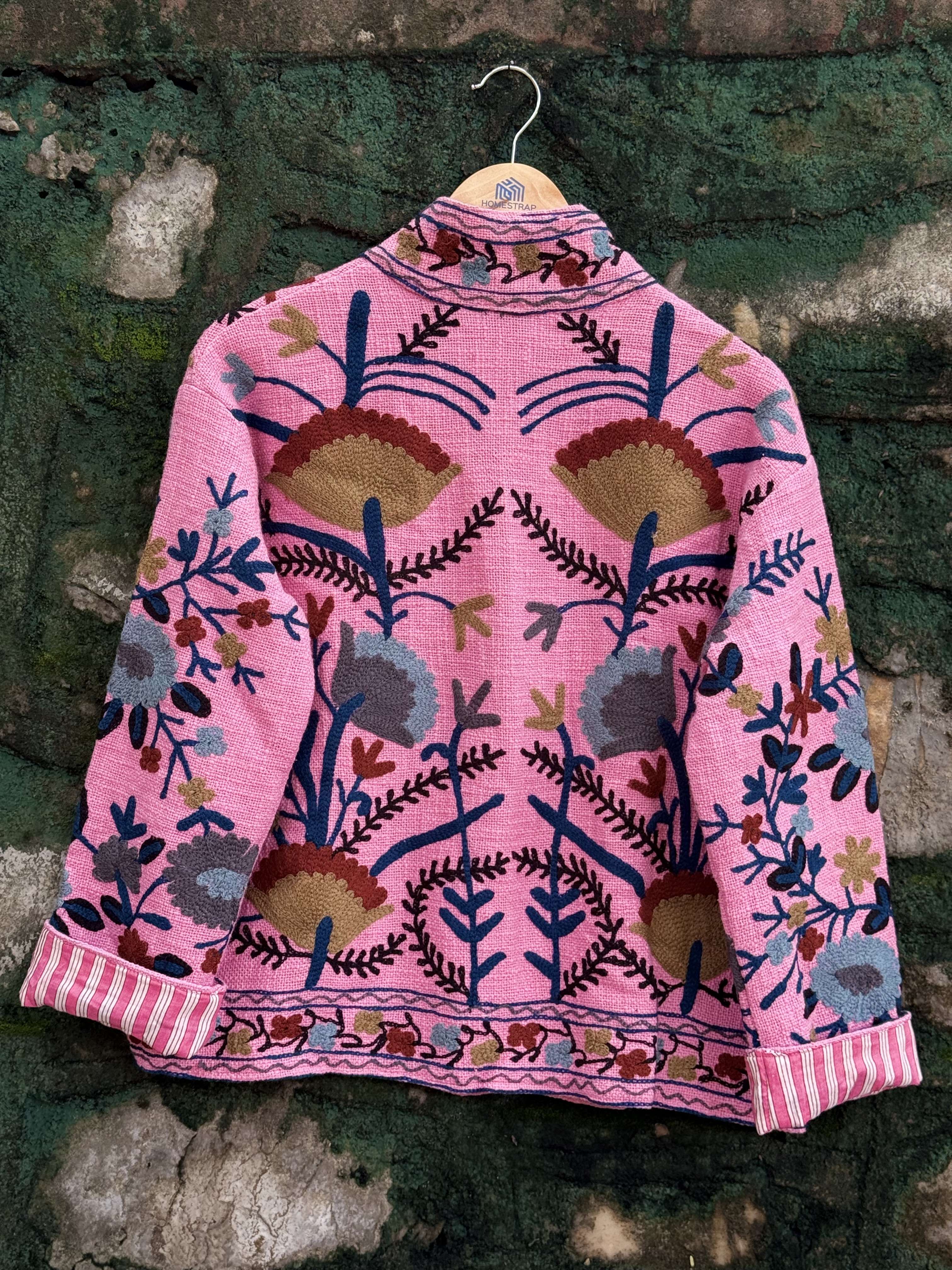 Womens Pink Velvet Embroidered Jacket with Floral Design