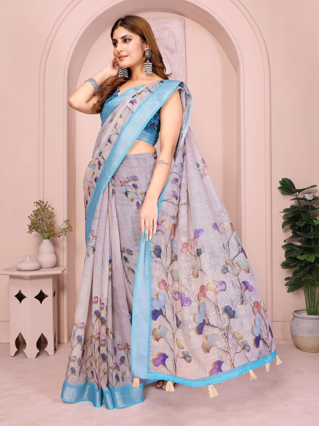 Elegant Linen Cotton Saree – Light Grey Floral Print with Sky Blue Border