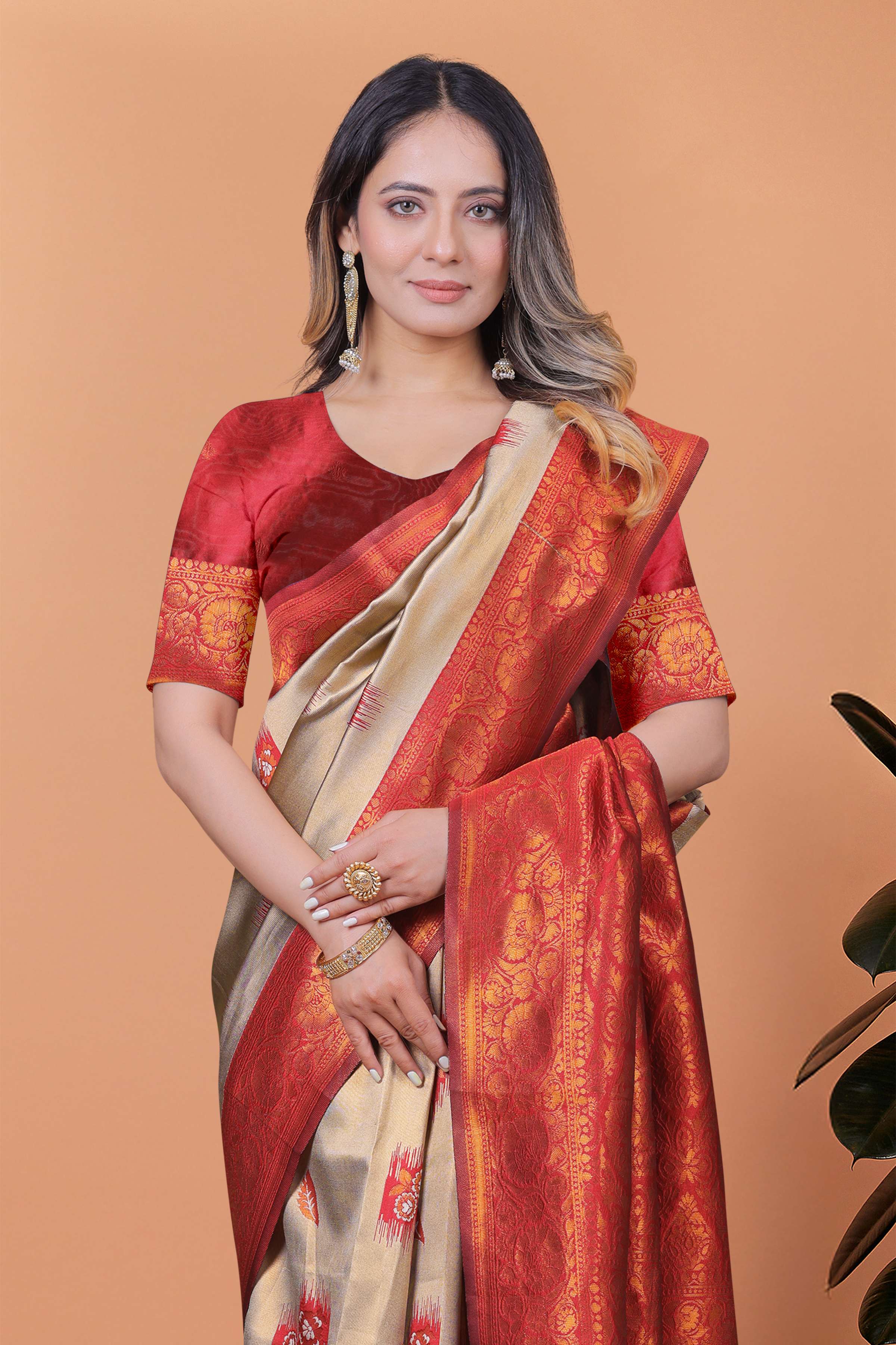 Elegant Beige-Gold Banarasi Silk Saree with Rust-Red Zari Border & Blouse | Wedding, Festival & Party Ethnic Wear