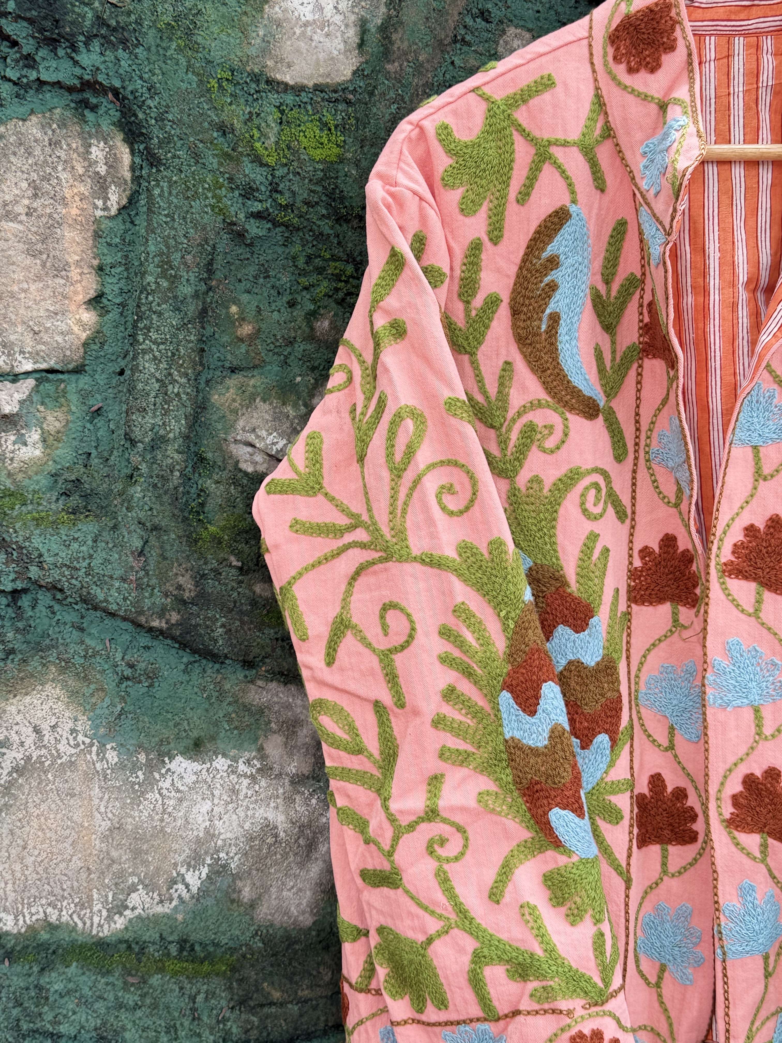 Womens Light Pink Velvet Embroidered Jacket with Floral Design