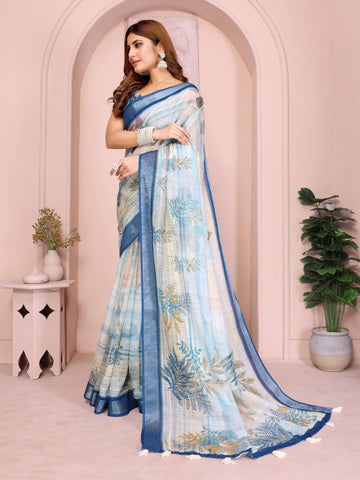 Pastel Blue Linen Cotton Saree with Tropical Leaf Prints & Tassel Pallu