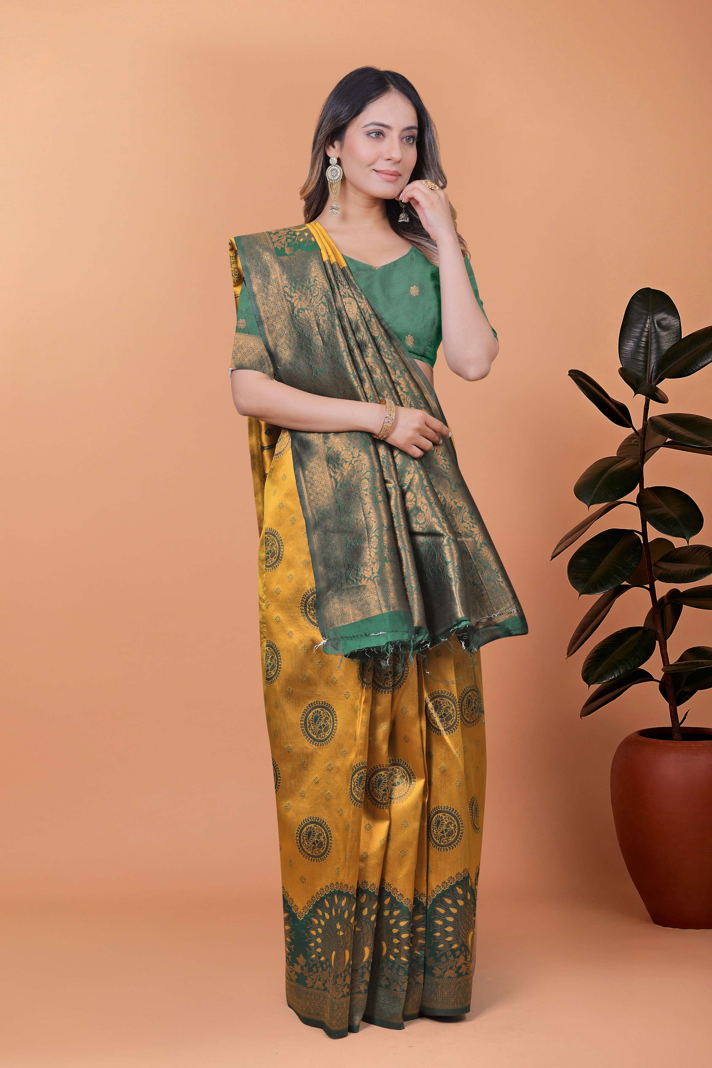 Golden Glow Banarasi Silk Saree with Peacock Zari Motifs & Deep Green Pallu | Wedding, Festive, Traditional Ethnic Wear