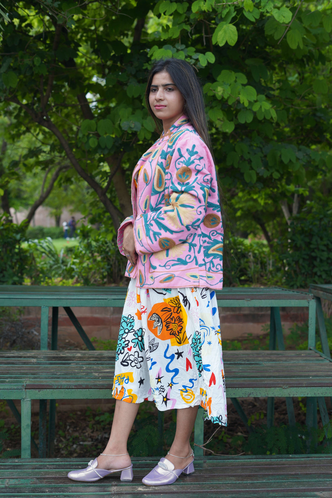 Womens Pink Velvet Embroidered Jacket with Floral Design