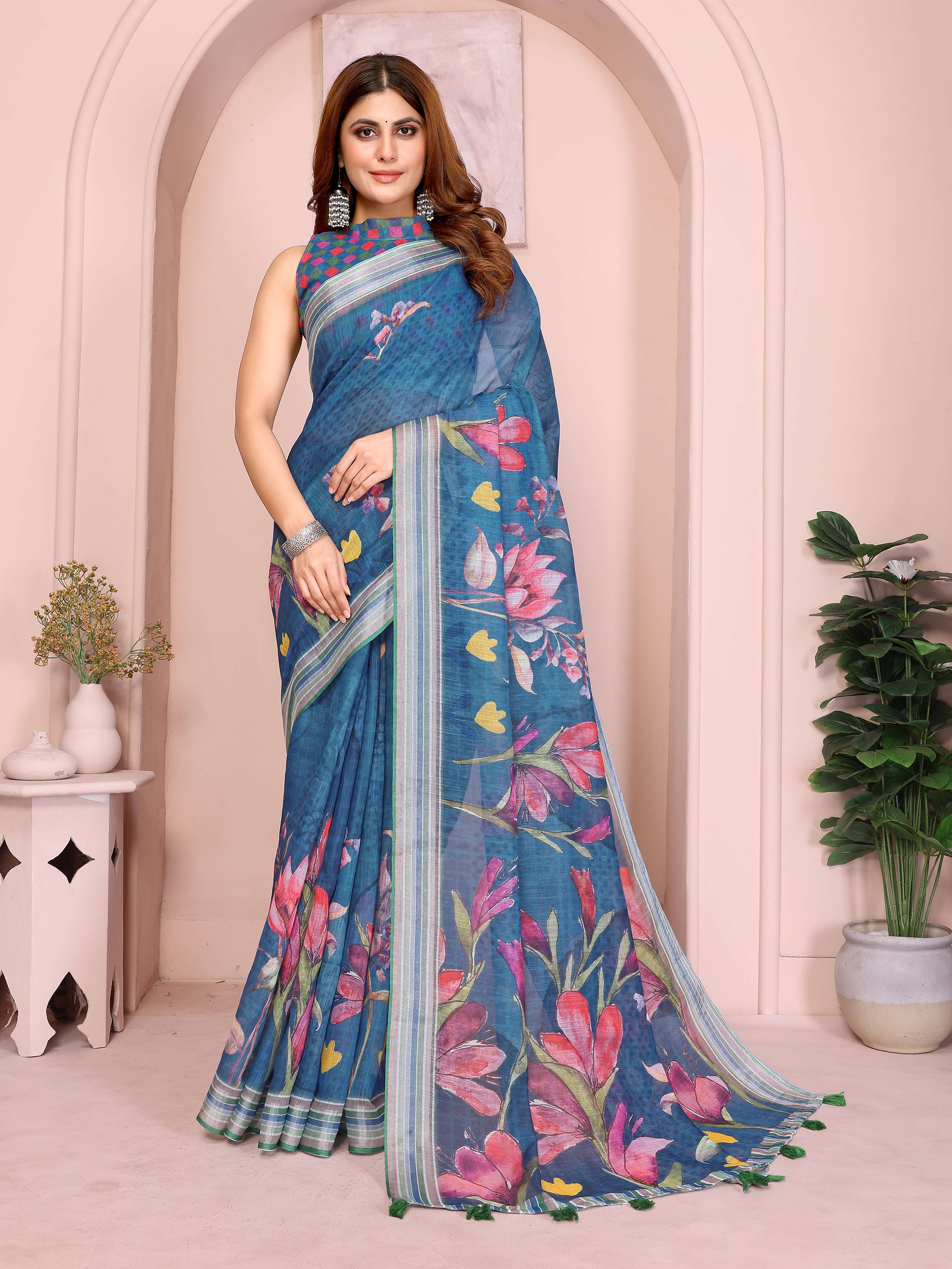Elegant Linen Cotton Saree – Deep Teal with Vibrant Multicolor Floral Print & Striped Border
