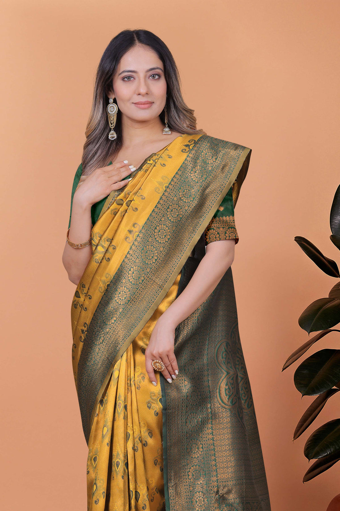 Regal Glow Mustard Yellow & Emerald Green Banarasi Silk Saree with Zari Work | Wedding, Festive & Temple Occasion Wear