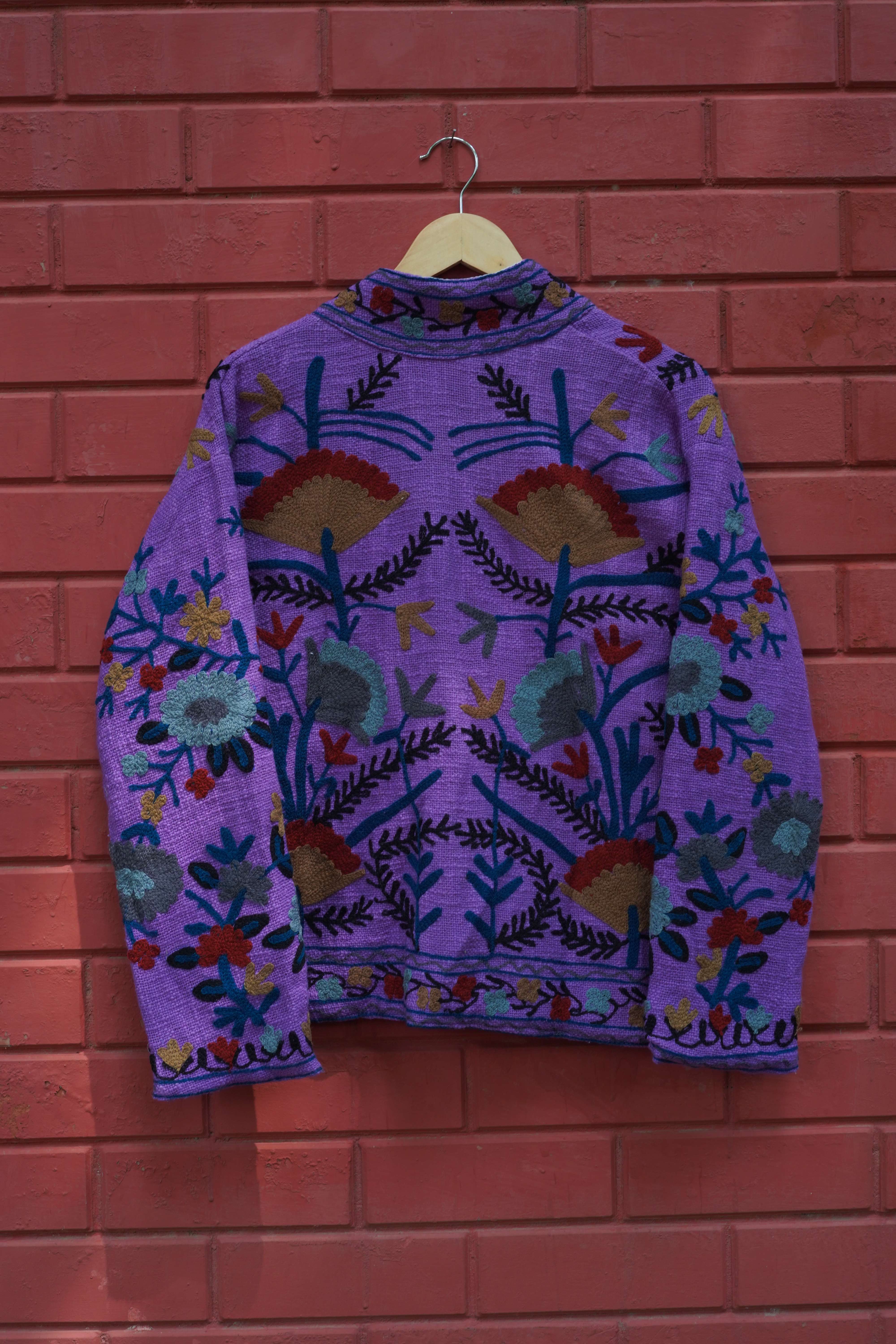 Womens Dark Purple Velvet Embroidered Jacket with Floral Design