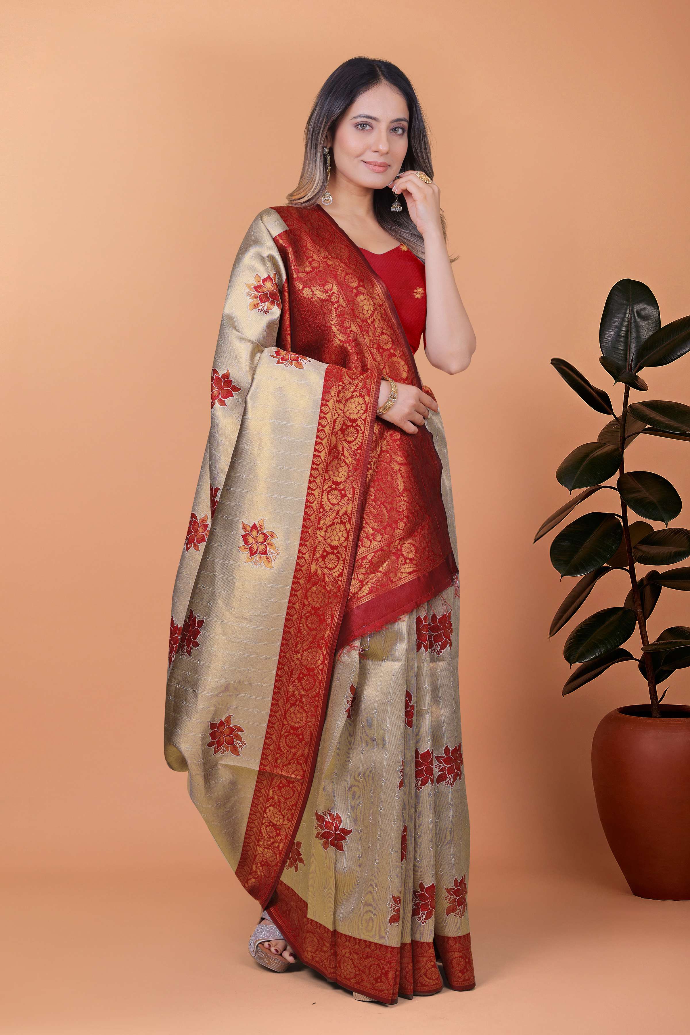 Royal Radiance Antique Gold & Maroon Banarasi Silk Saree with Zari Work | Wedding, Puja & Festive Occasion Wear