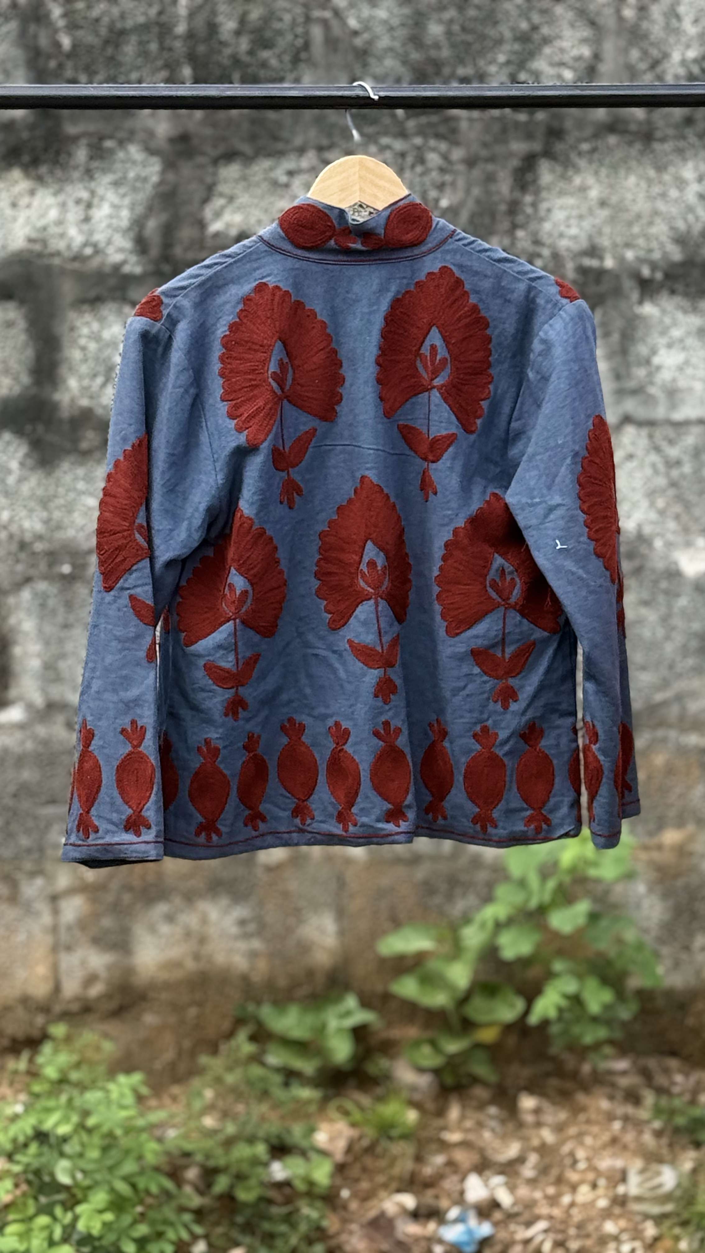 Womens Light Blue Velvet Embroidered Jacket with Floral Design