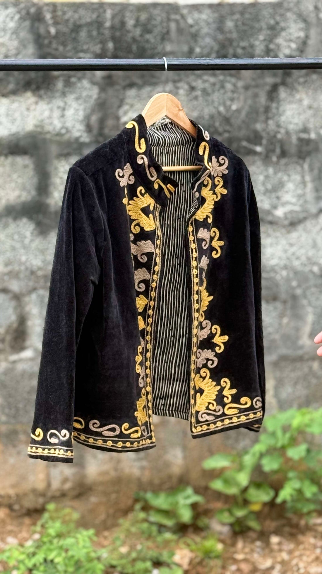 Womens Black Velvet Embroidered Jacket with Floral Design
