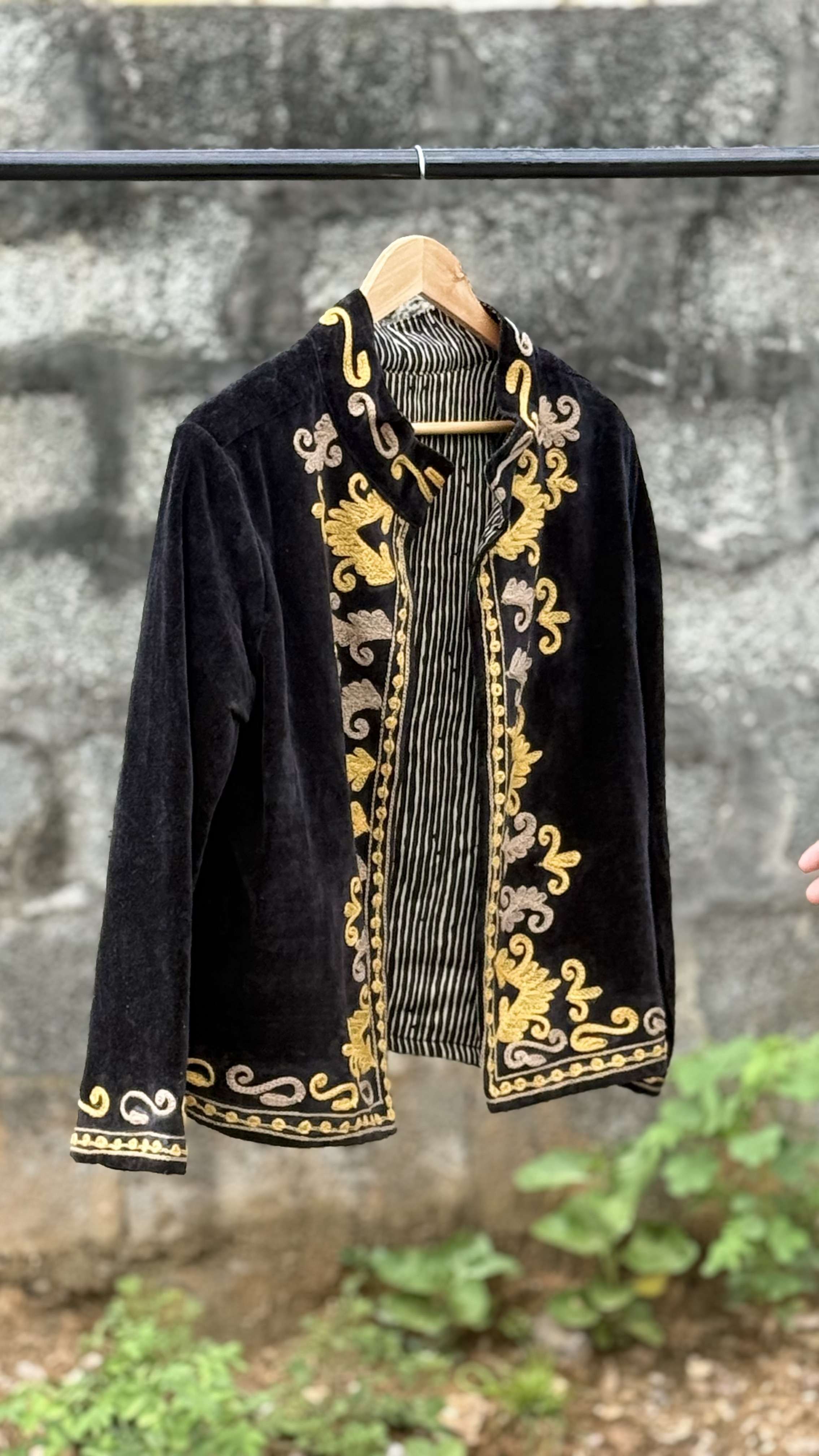 Womens Black Velvet Embroidered Jacket with Floral Design