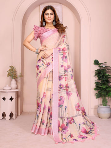Elegant Linen Cotton Saree – Beige Blooming Floral Print with Soft Pink Border