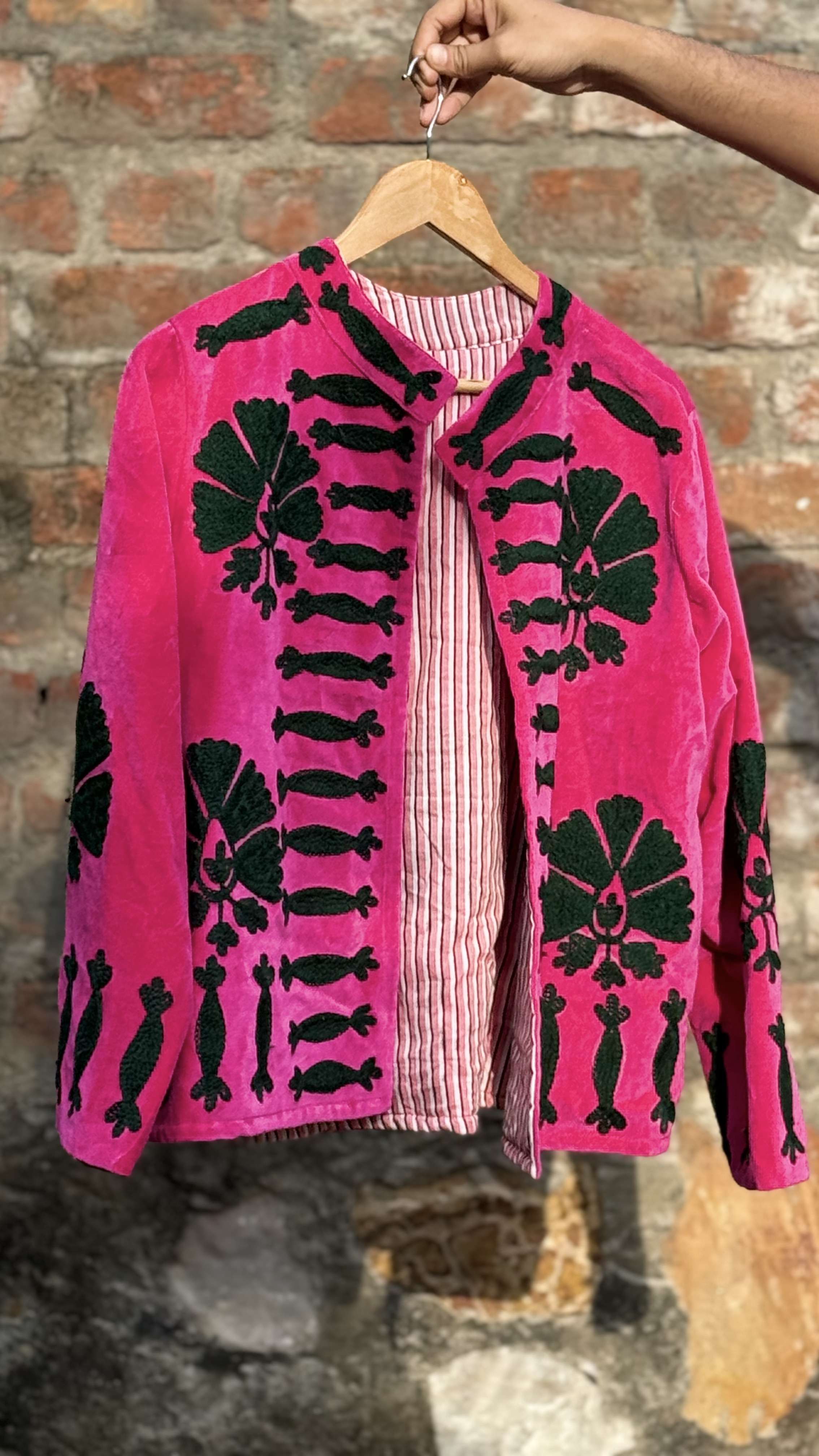Womens Pink Velvet Embroidered Jacket with Floral Design