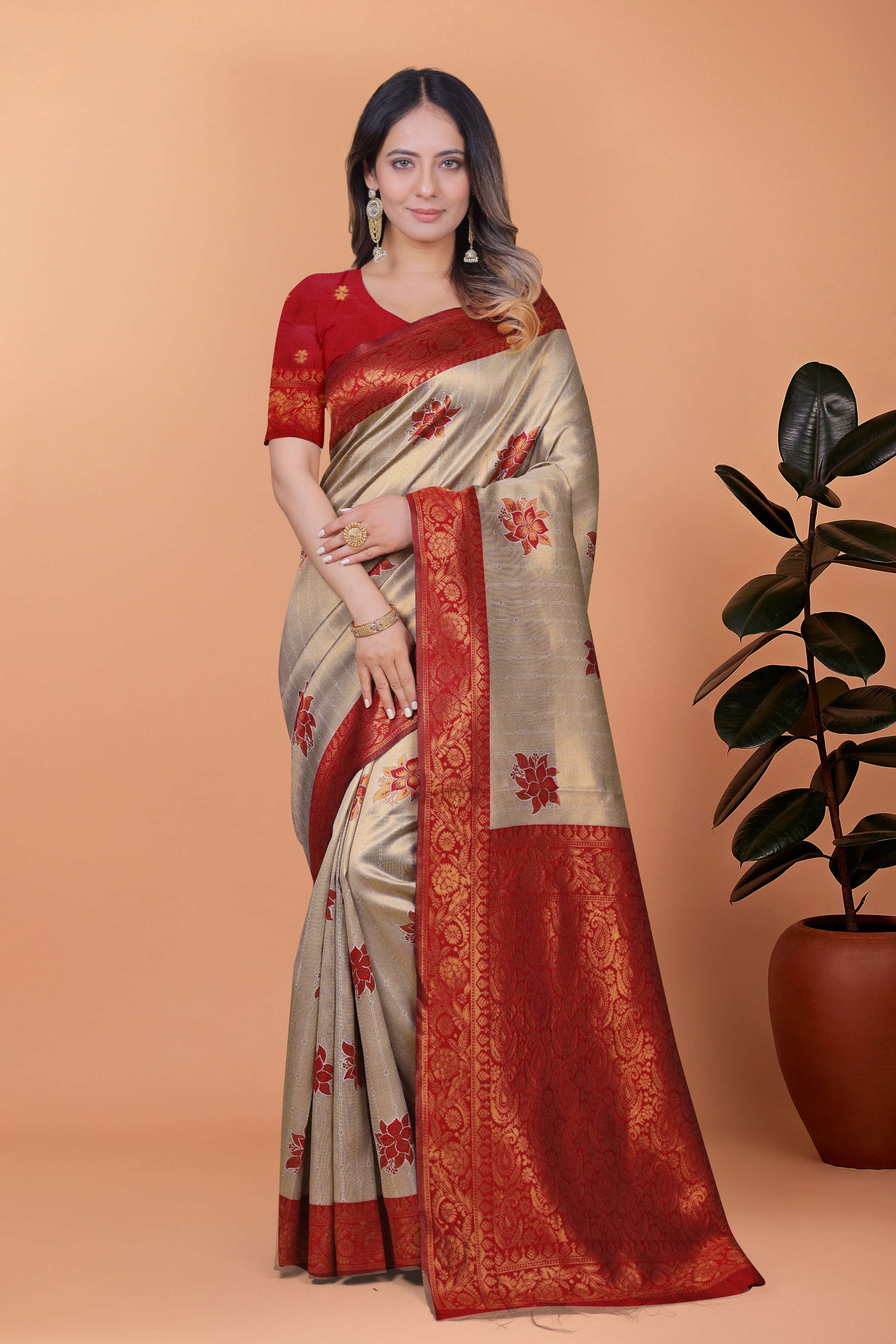 Royal Radiance Antique Gold & Maroon Banarasi Silk Saree with Zari Work | Wedding, Puja & Festive Occasion Wear