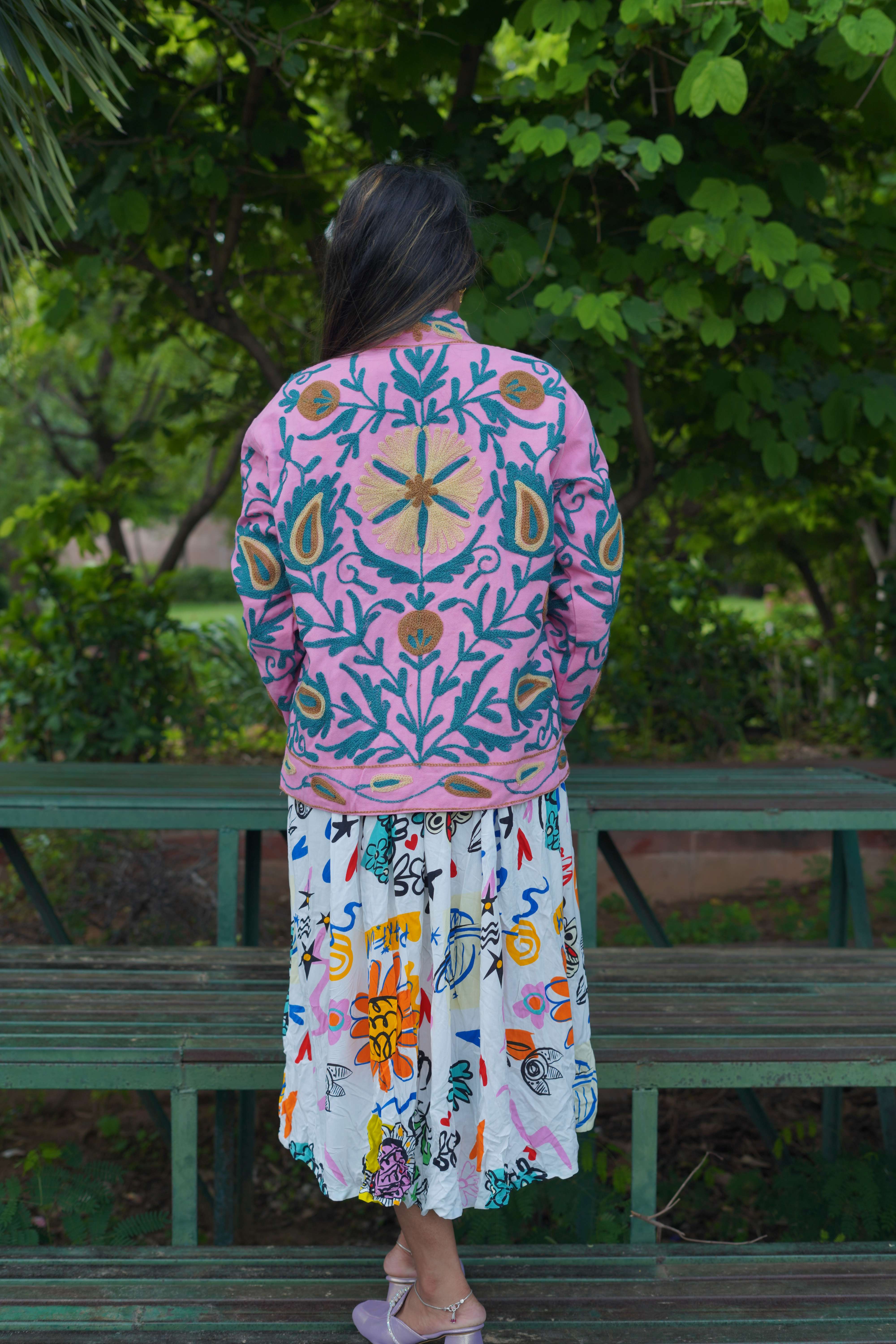Womens Pink Velvet Embroidered Jacket with Floral Design