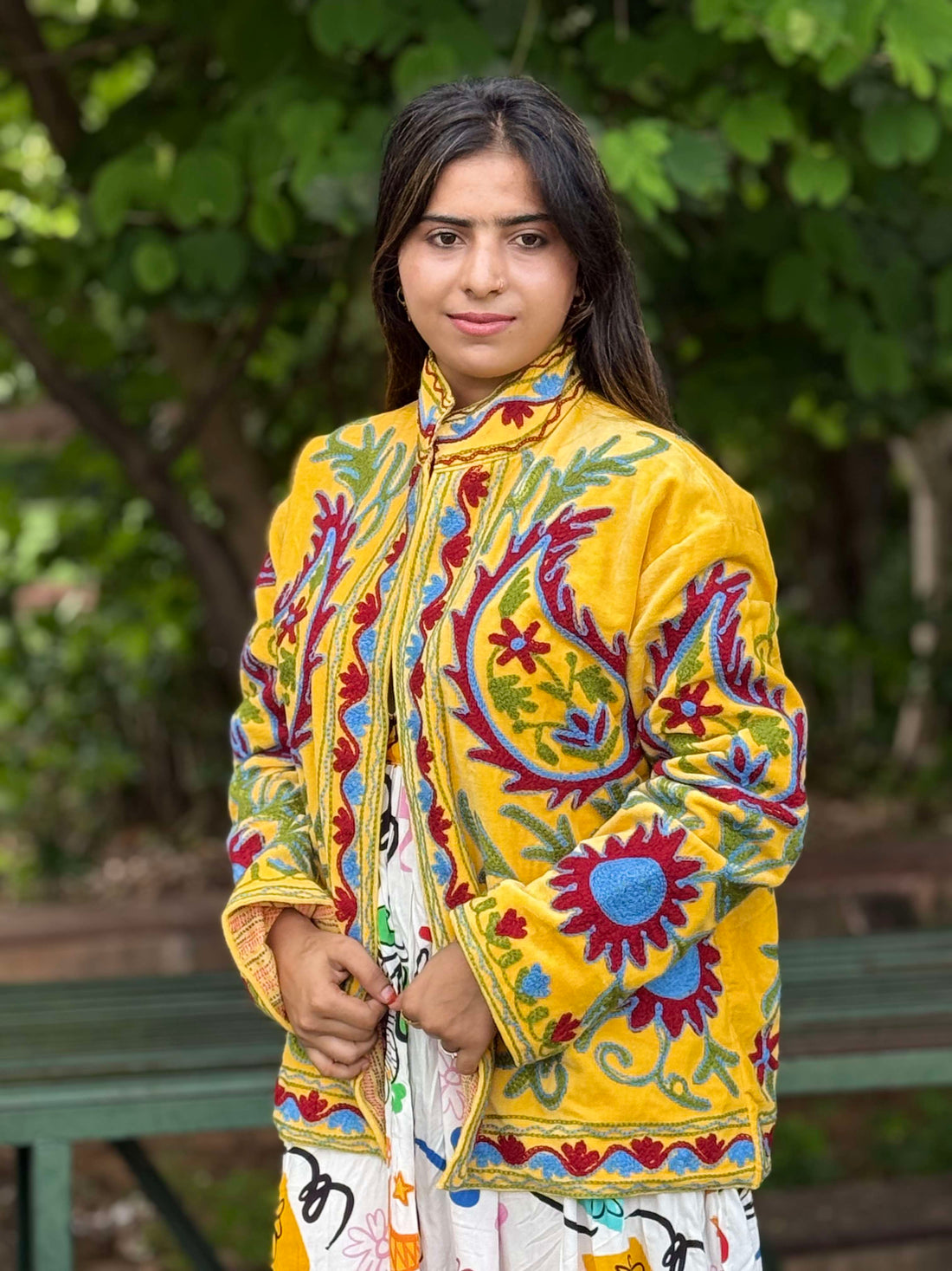 Womens Yellow Velvet Embroidered Jacket with Floral Design