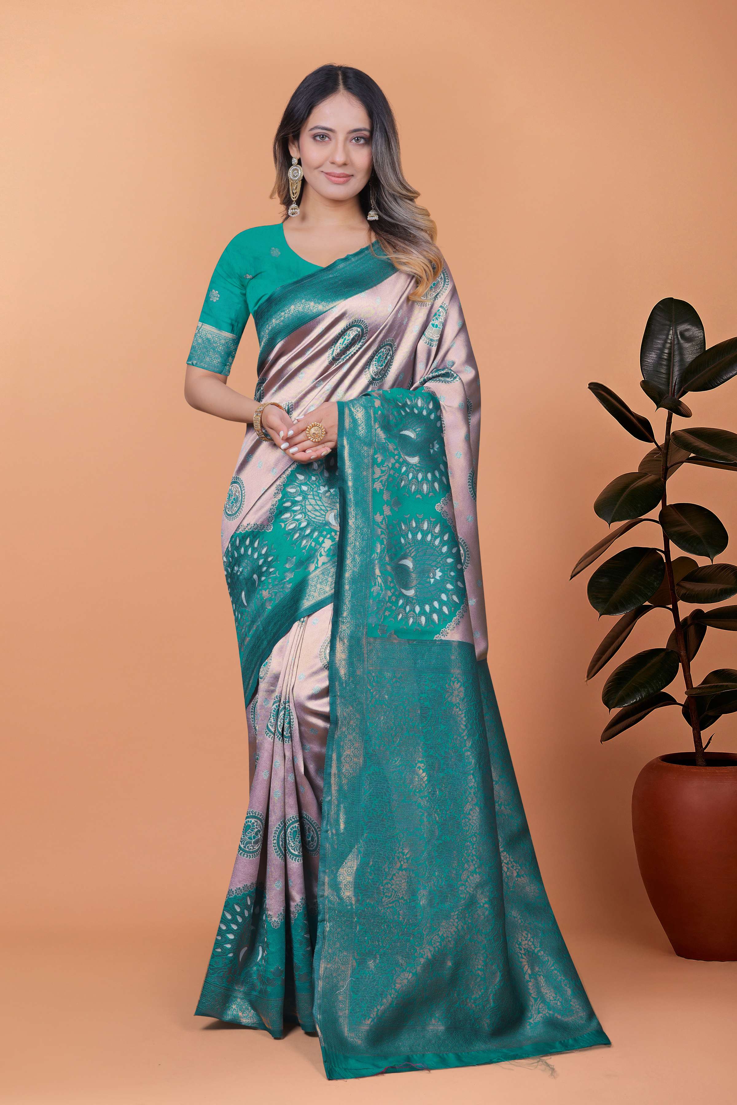Emerald Elegance Banarasi Silk Saree with Lavender Base, Green Zari Border & Peacock Motifs | Wedding, Festive & Traditional Wear