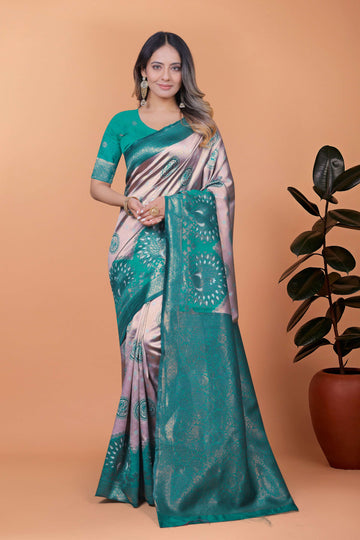 Emerald Elegance Banarasi Silk Saree with Lavender Base, Green Zari Border & Peacock Motifs | Wedding, Festive & Traditional Wear