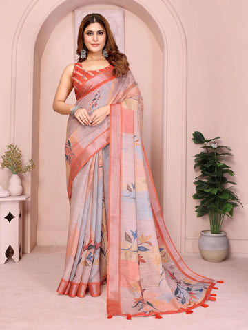 Elegant Linen Cotton Saree – Pastel Grey with Coral Leaf Motifs & Tassel Border