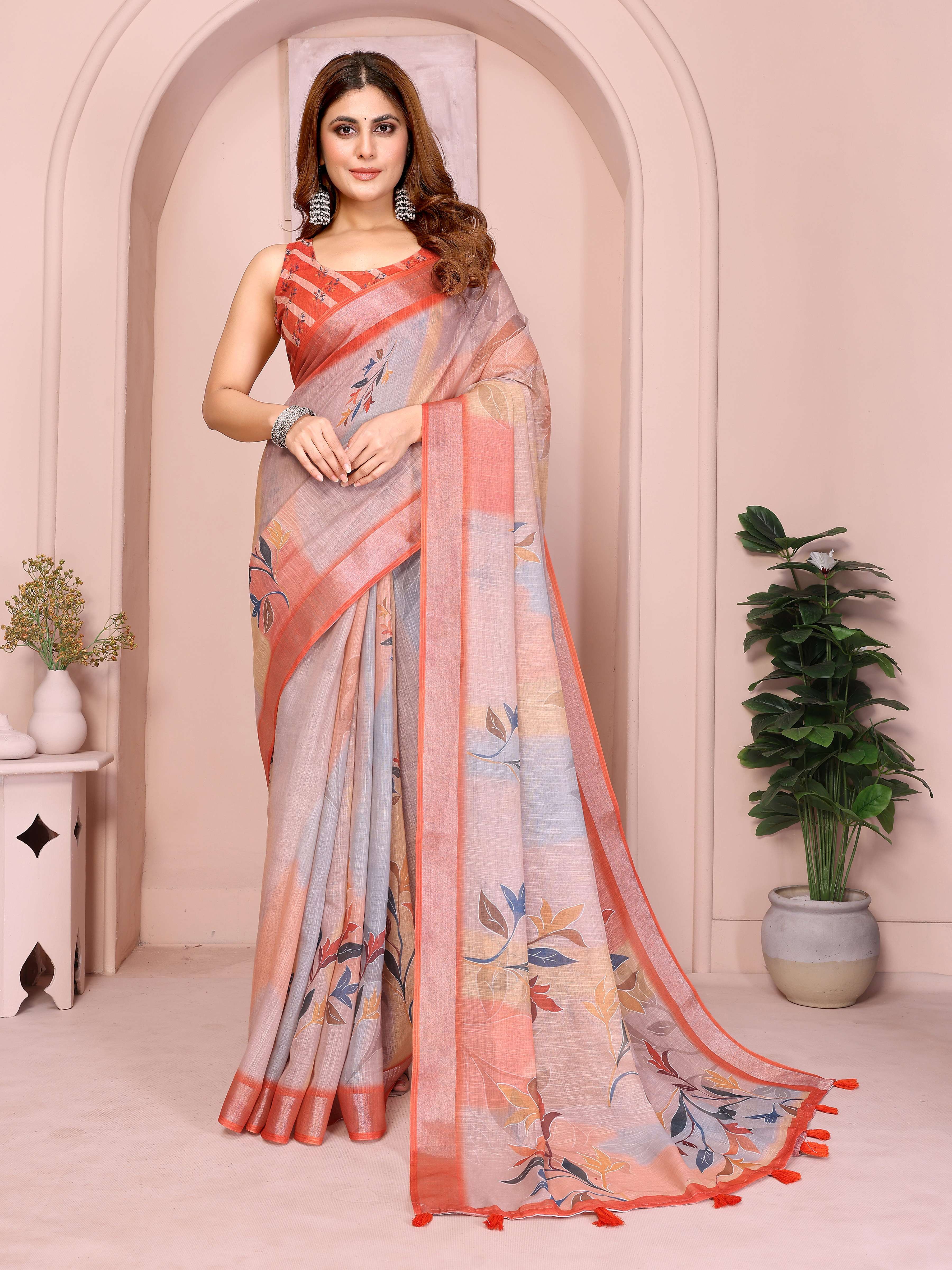 Elegant Linen Cotton Saree – Pastel Grey with Coral Leaf Motifs & Tassel Border