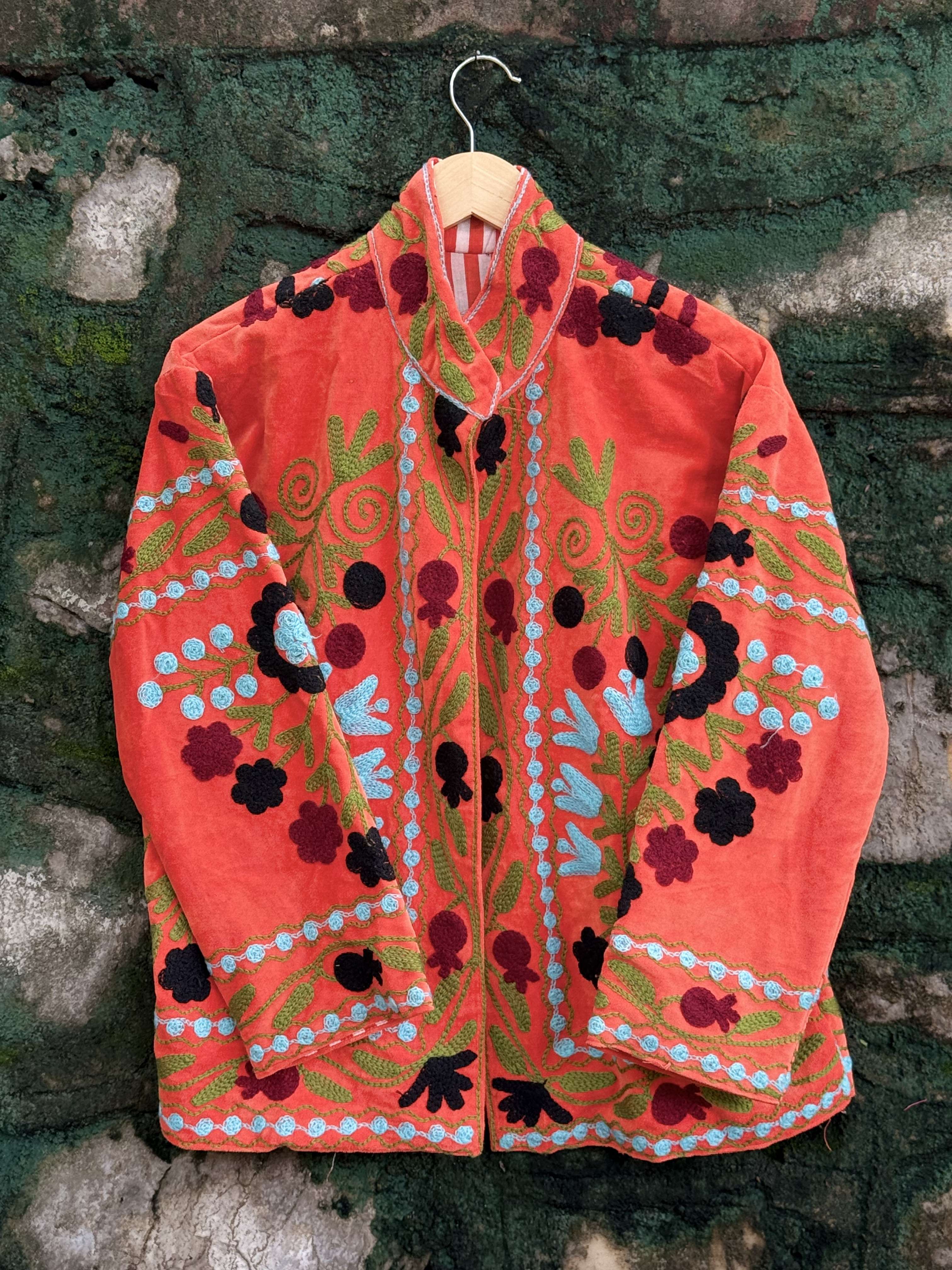 Womens Orange Velvet Embroidered Jacket with Floral Design