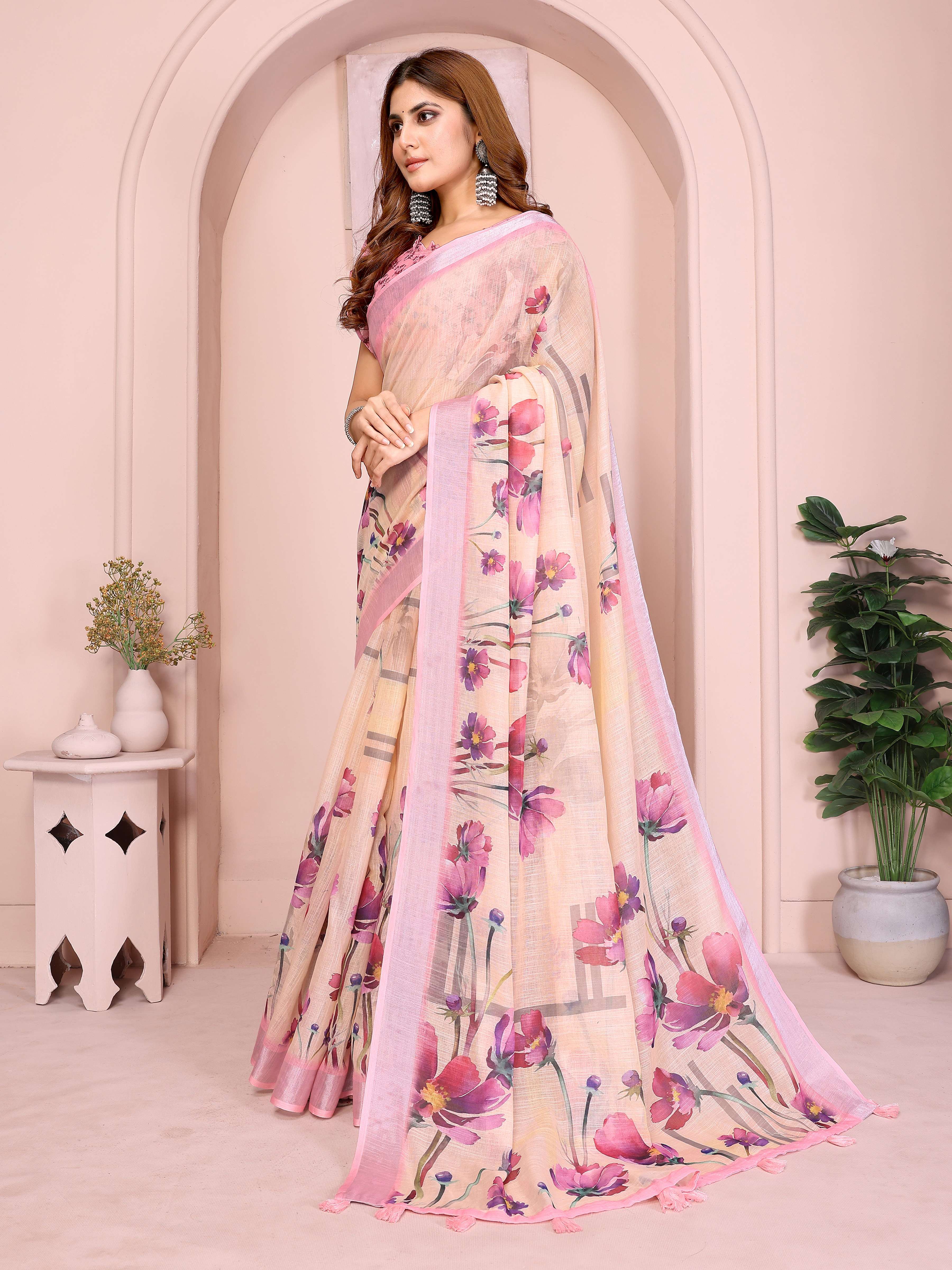 Elegant Linen Cotton Saree – Beige Blooming Floral Print with Soft Pink Border