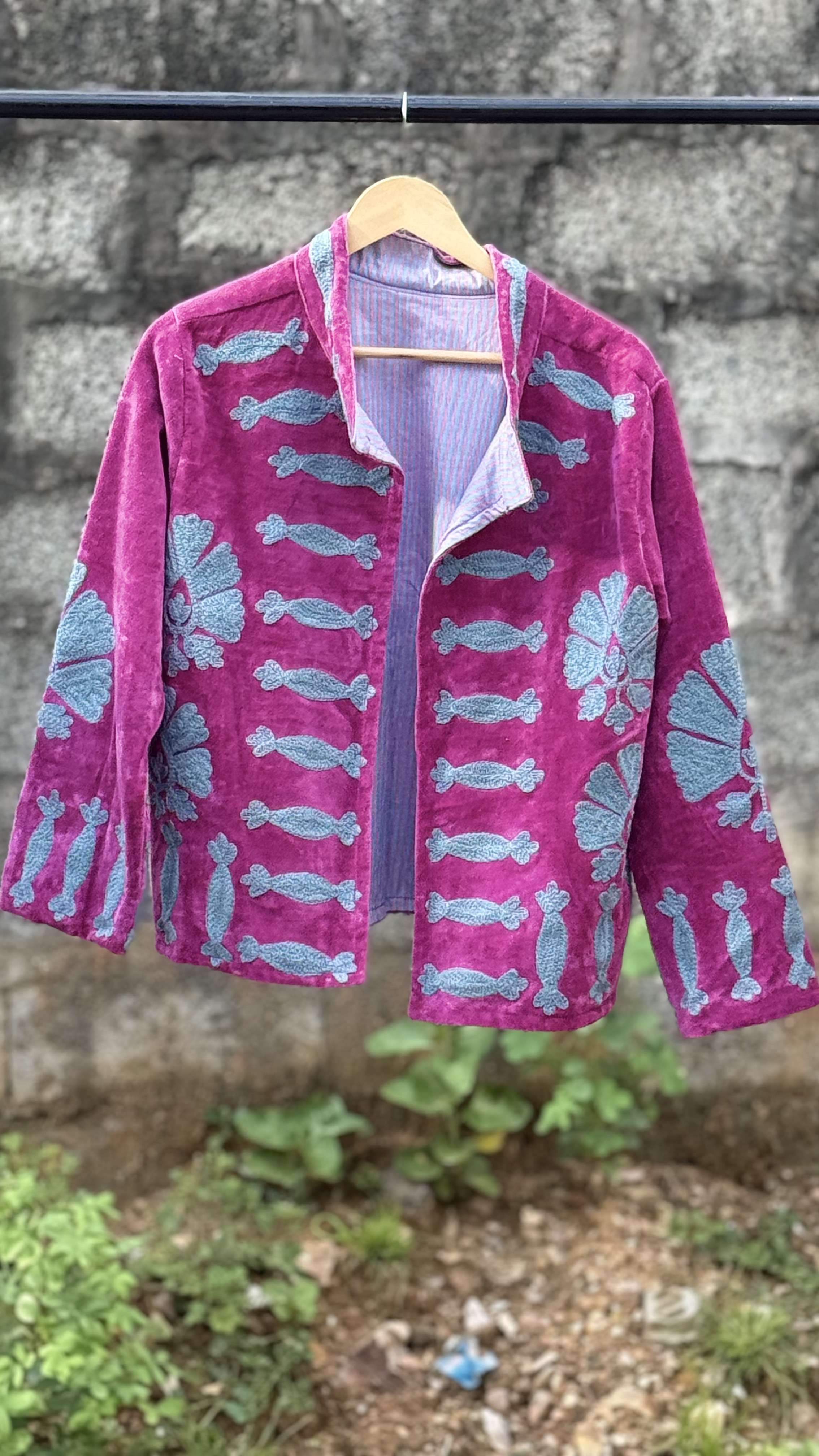 Womens Pink Velvet Embroidered Jacket with Floral Design