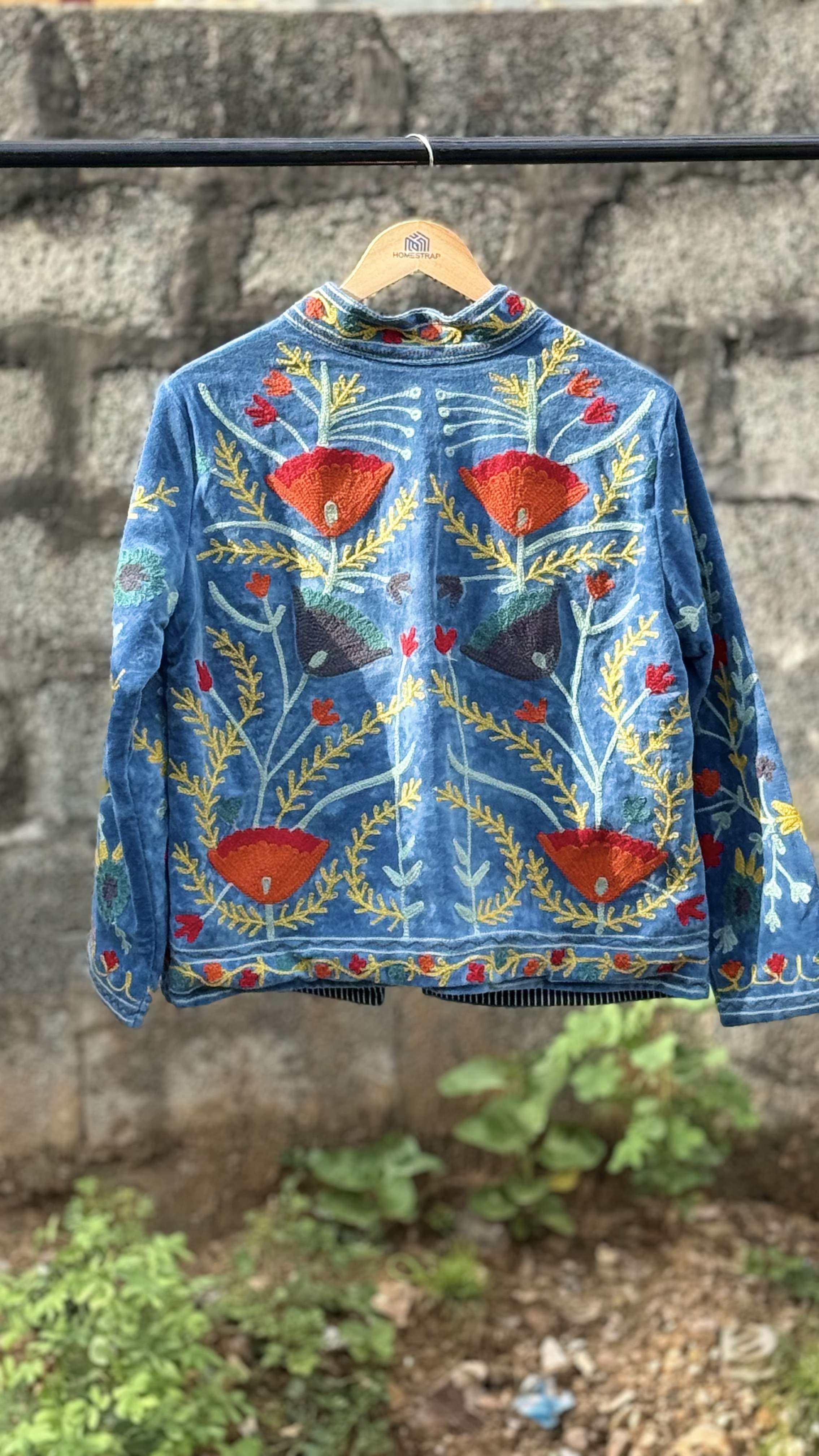 Womens Light Sky Blue Velvet Embroidered Jacket with Floral Design