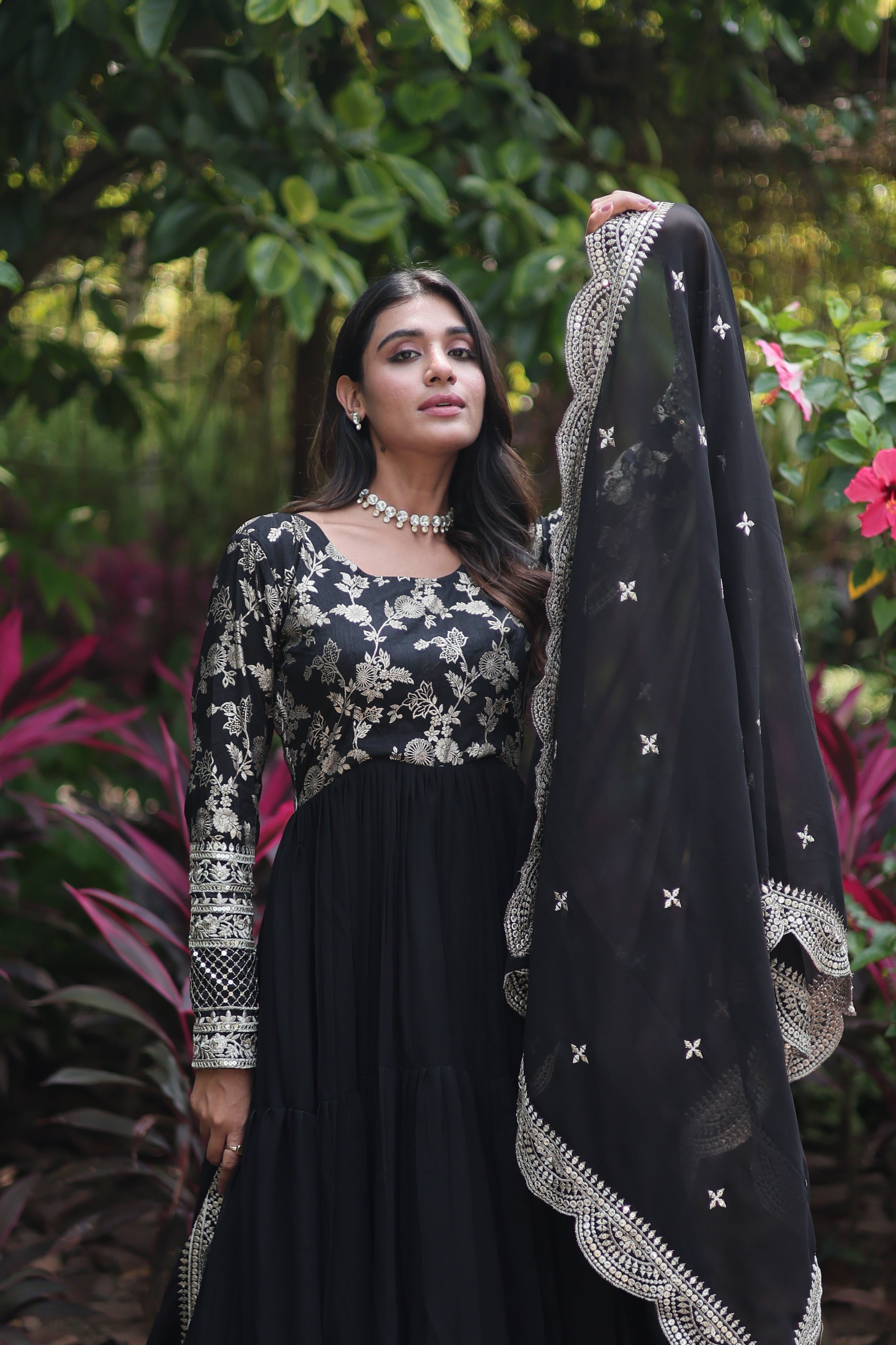Faux Blooming  Embroidered Cut-Work Gown With Dupatta Sets