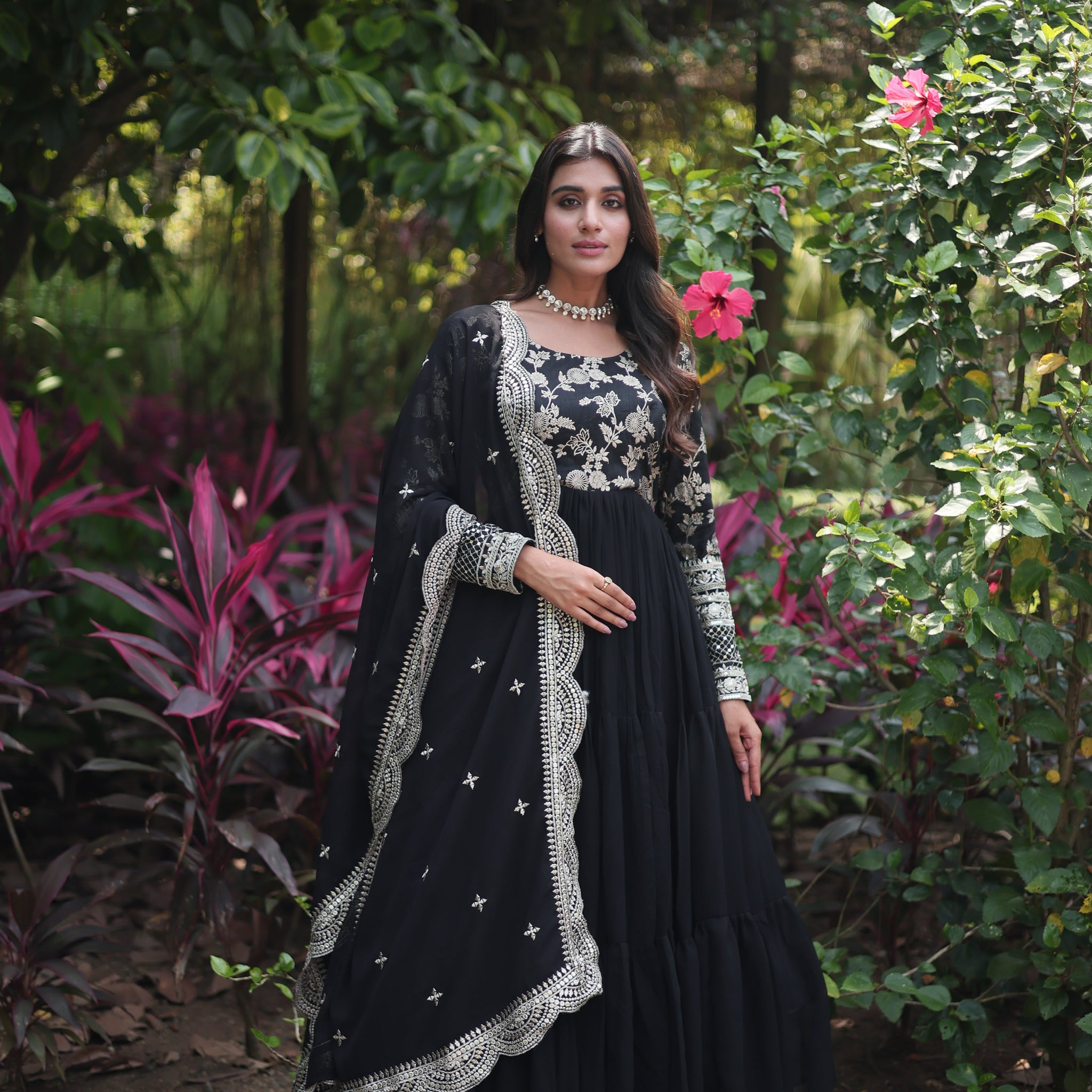 Faux Blooming  Embroidered Cut-Work Gown With Dupatta Sets