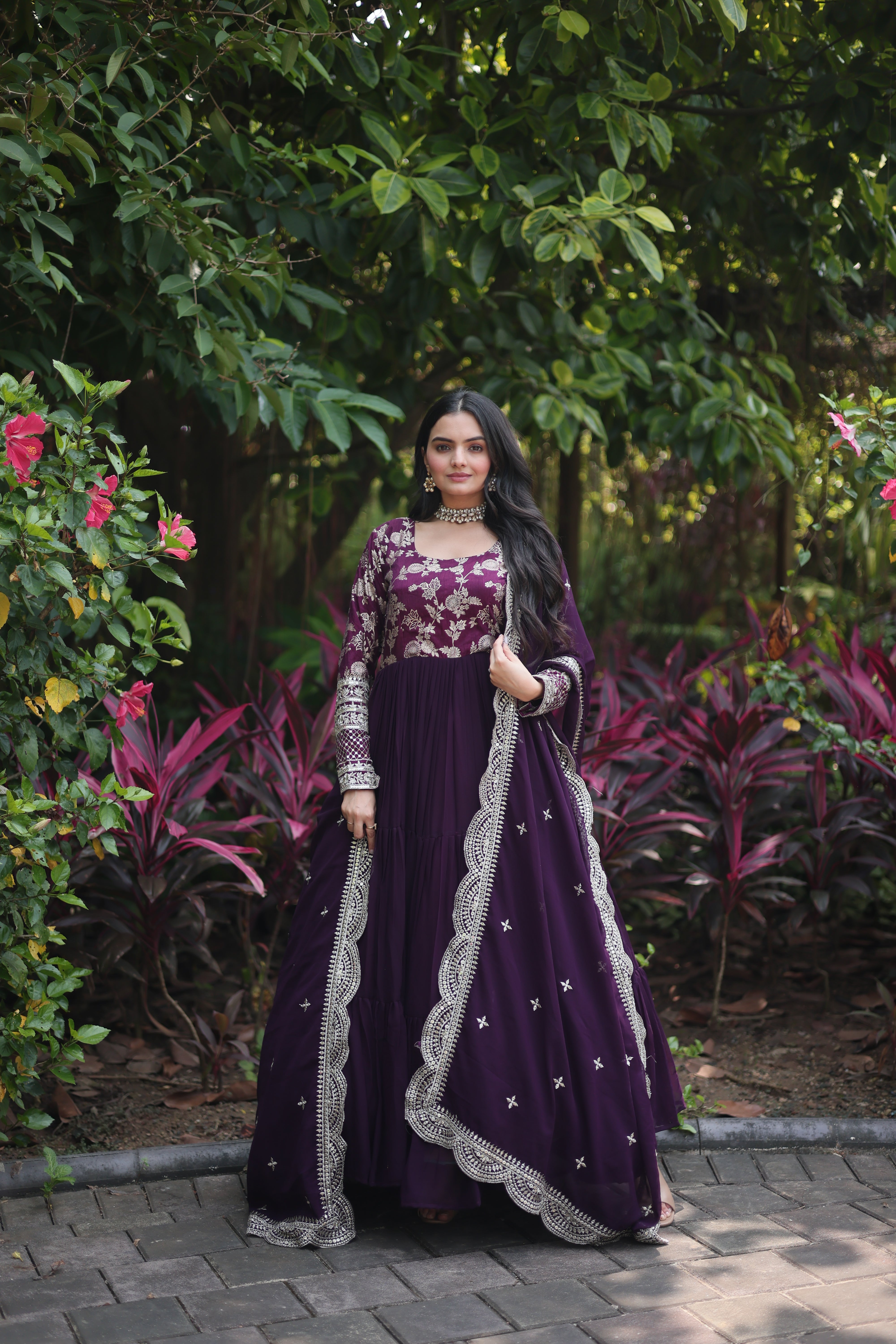 Wine Faux Blooming  Embroidered Cut-Work Gown With Dupatta Set