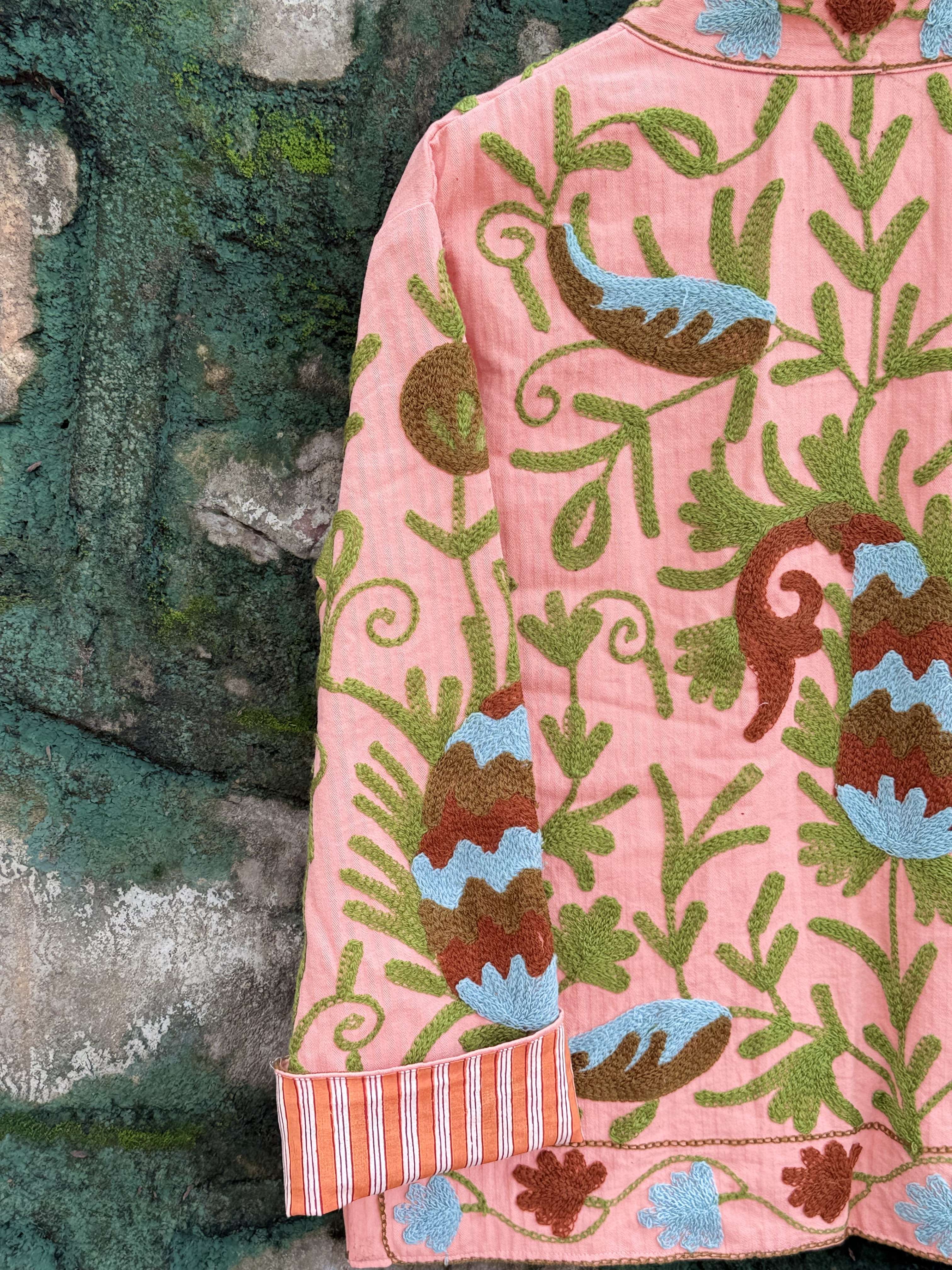 Womens Light Pink Velvet Embroidered Jacket with Floral Design