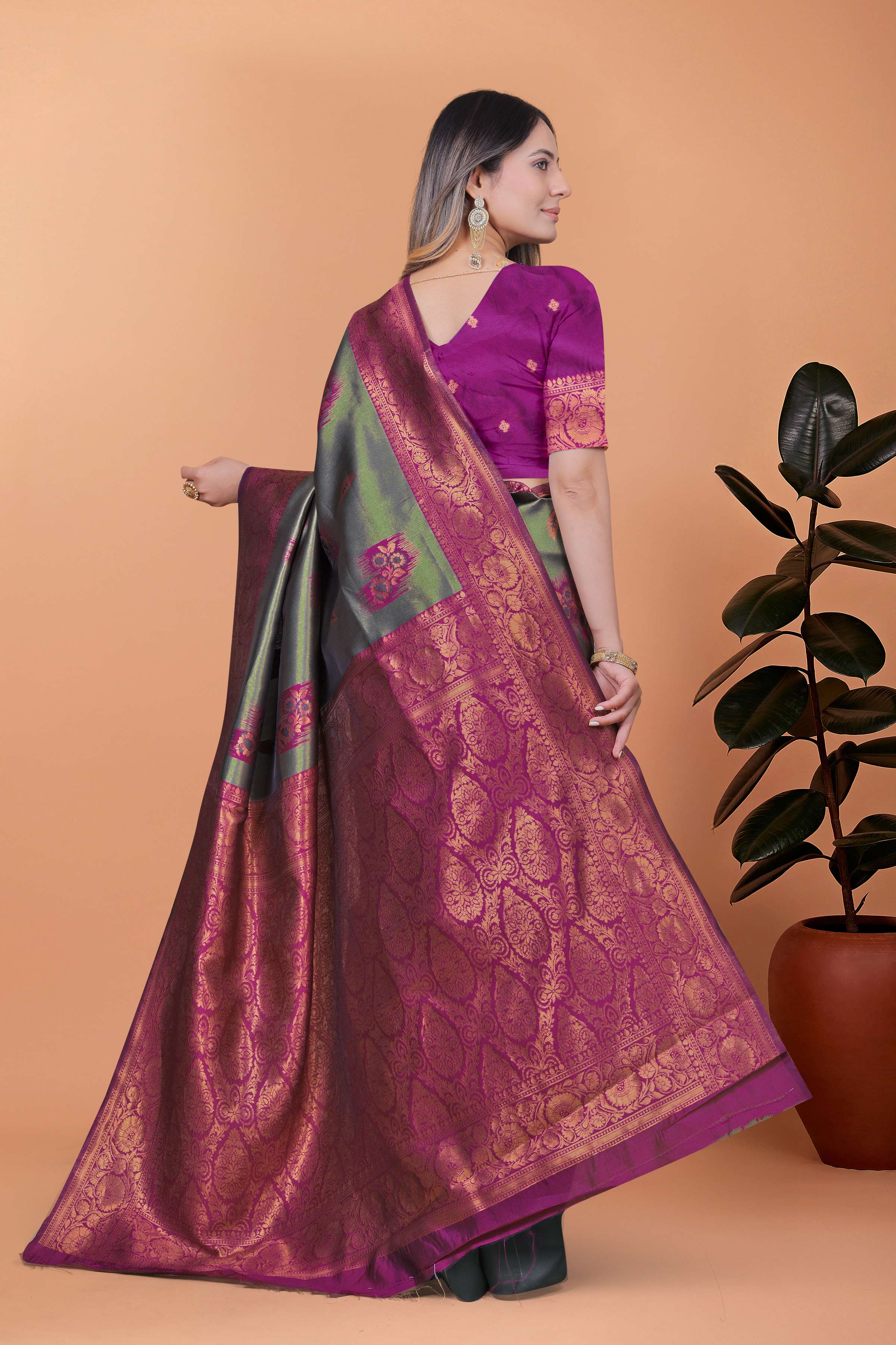 Graceful Grey-Green Banarasi Silk Saree with Magenta Zari Border & Blouse | Wedding, Festival & Party Wear