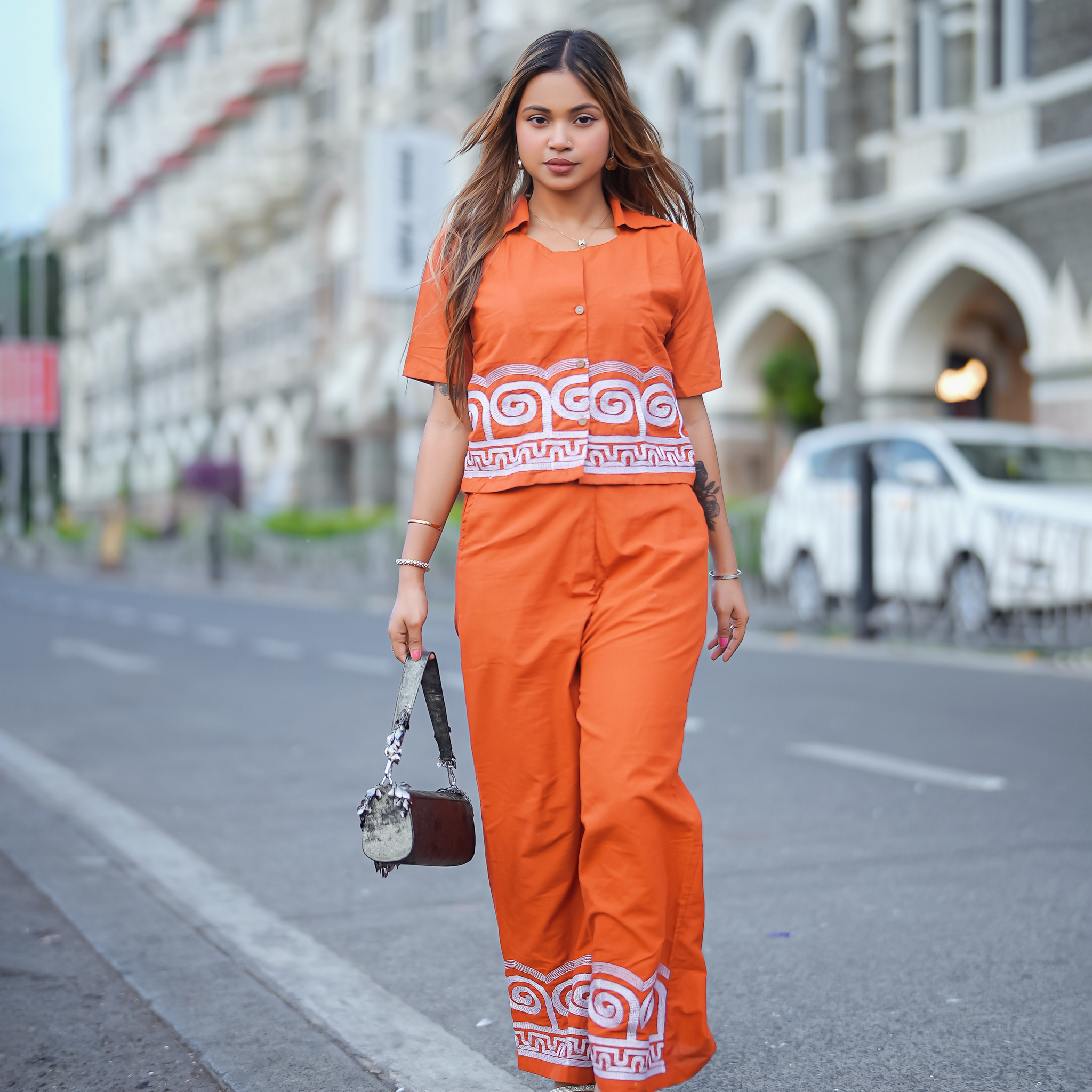 Pale Red Embroidered Cotton Co-Ord Set