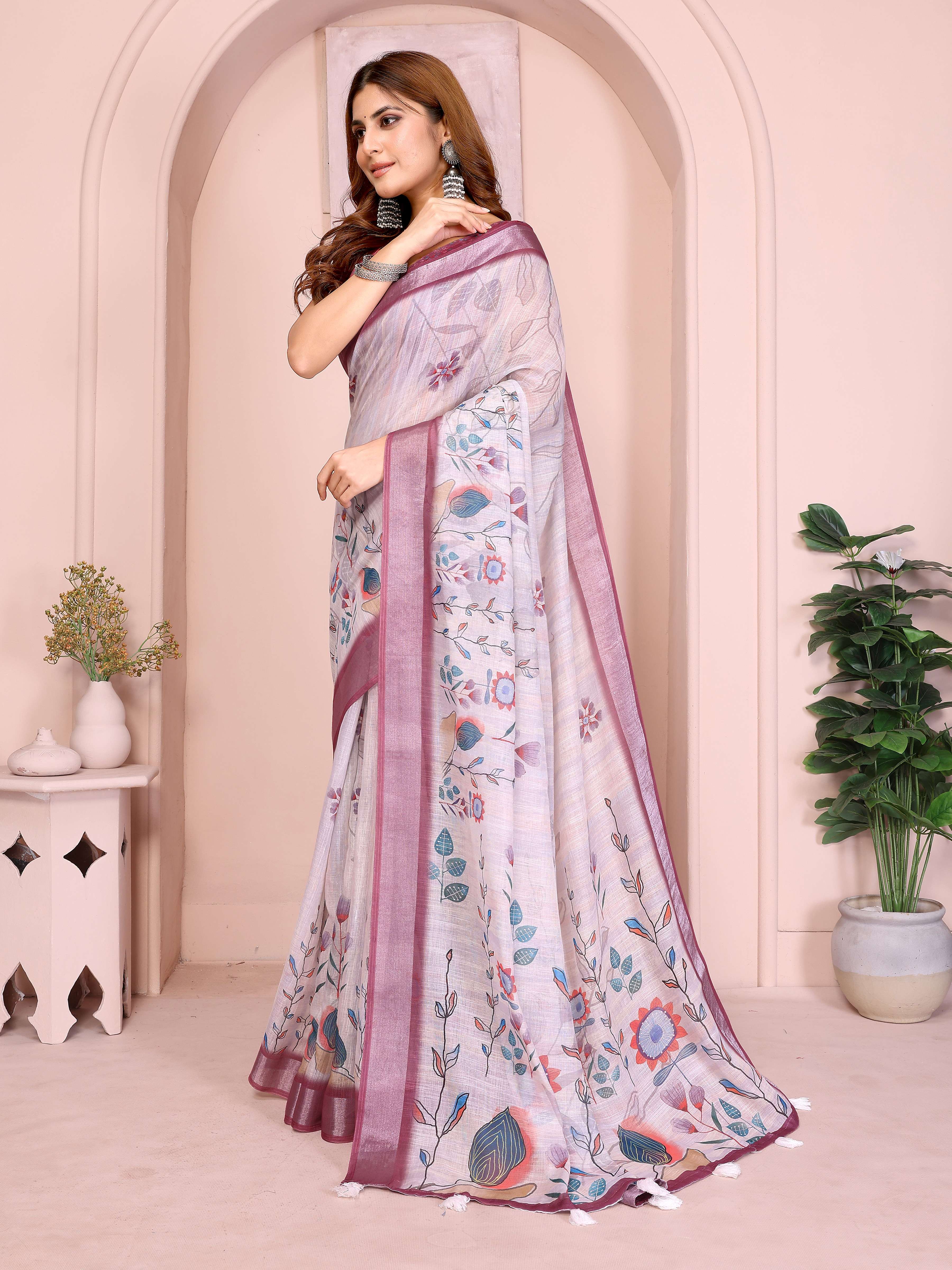 Elegant Linen Cotton Saree – Pastel Lavender with Multicolor Floral Motifs & Wine-Purple Border