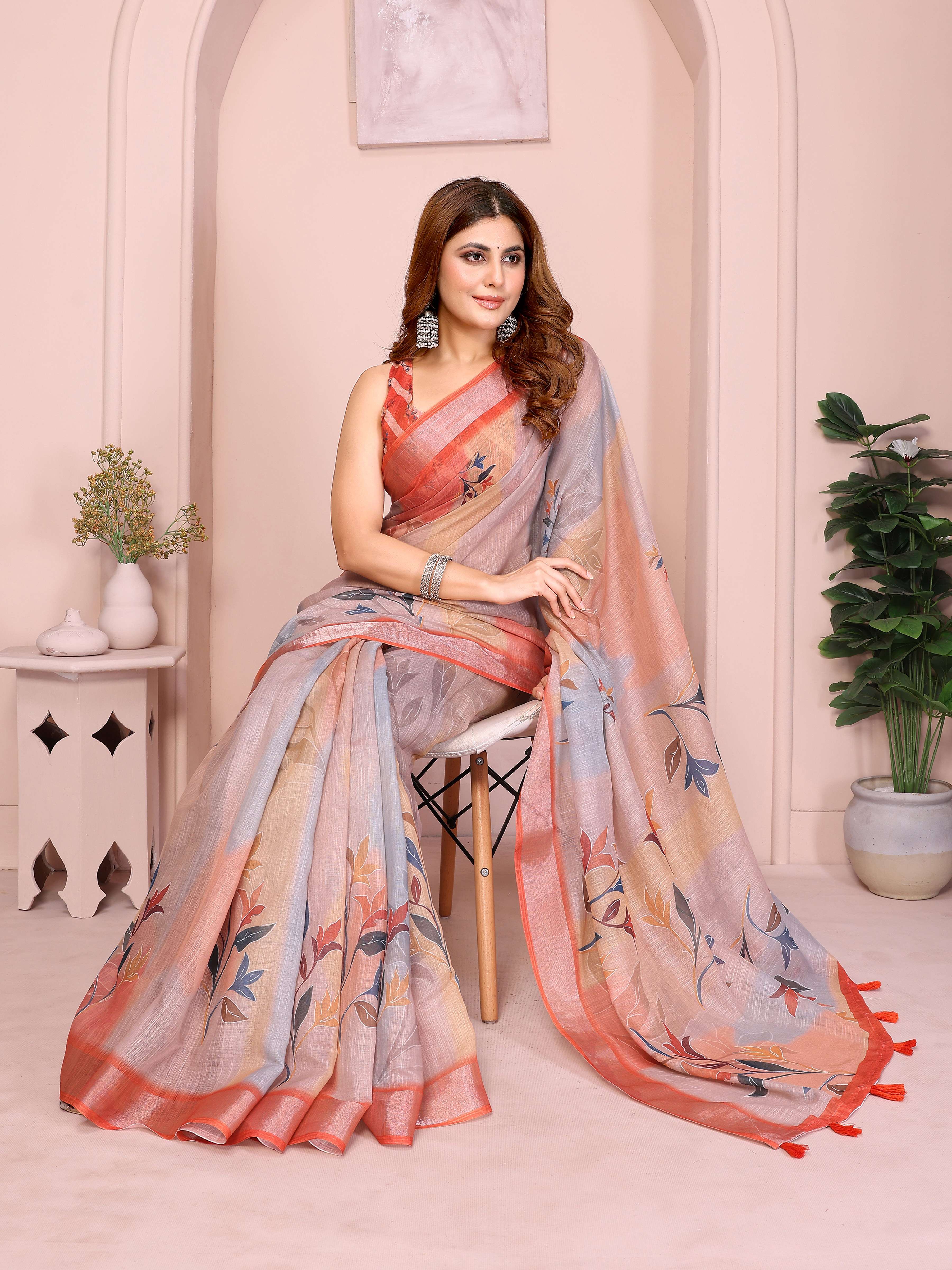 Elegant Linen Cotton Saree – Pastel Grey with Coral Leaf Motifs & Tassel Border
