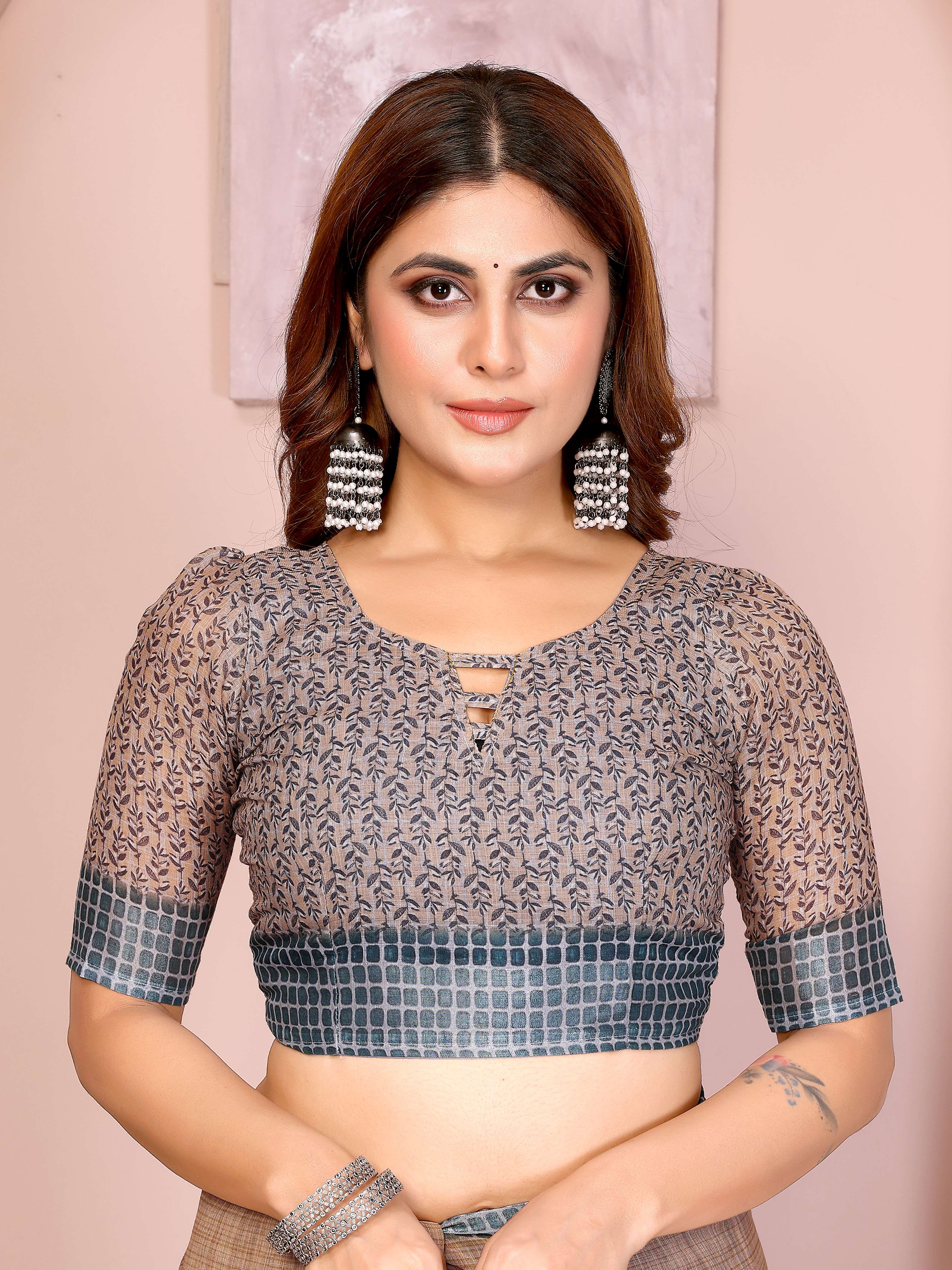 Elegant Linen Cotton Saree – Beige Base with Blue Floral Accents & Checkered Border